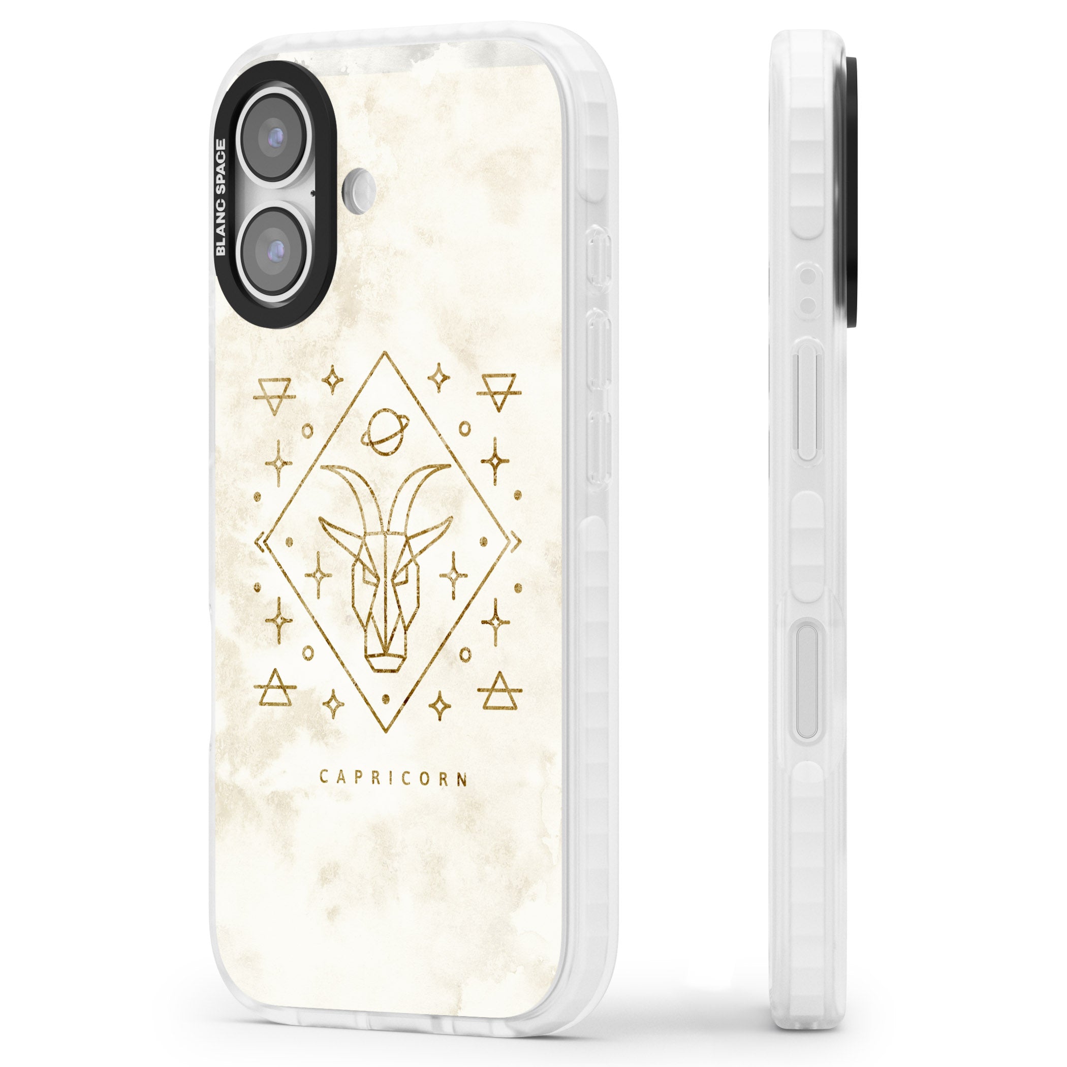 Capricorn Gold Zodiac Design iPhone 17 Impact Clear Phone Case Side Profile
