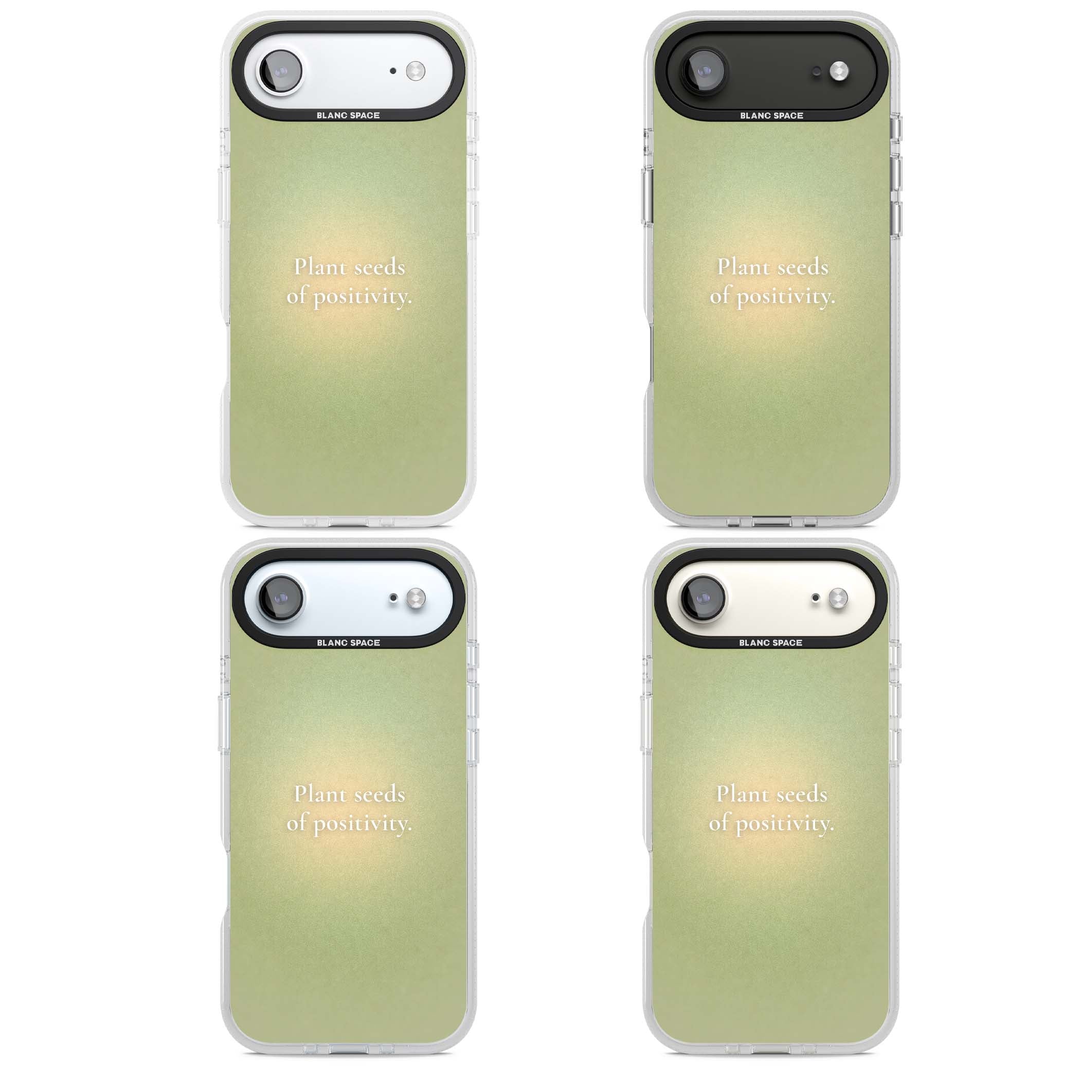 Seeds of Positivity quote iPhone case featuring a sage green aura gradient and golden glow affirmation | Clear Case Impact Air case for iPhone Air