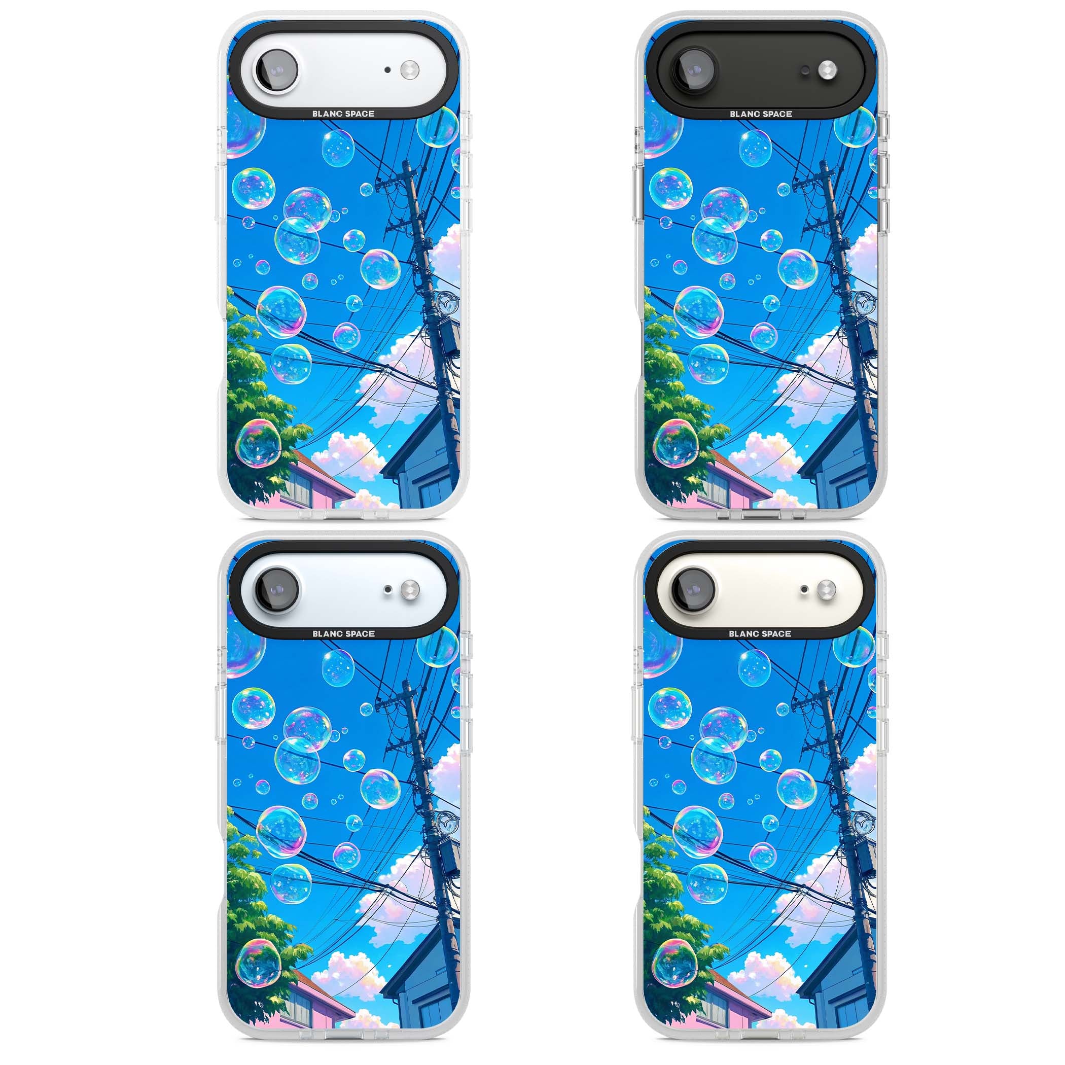 Suburban Bubbles anime iPhone case featuring iridescent soap bubbles, blue sky and Japanese telephone wires | Clear Case Impact Air case for iPhone Air