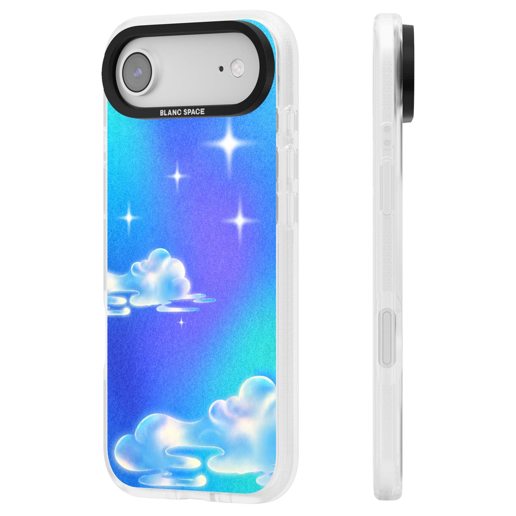 Aurora celestial iPhone case featuring dreamy iridescent clouds, sparkling stars and pastel blue purple sky | Clear Case Impact Air case for iPhone Air