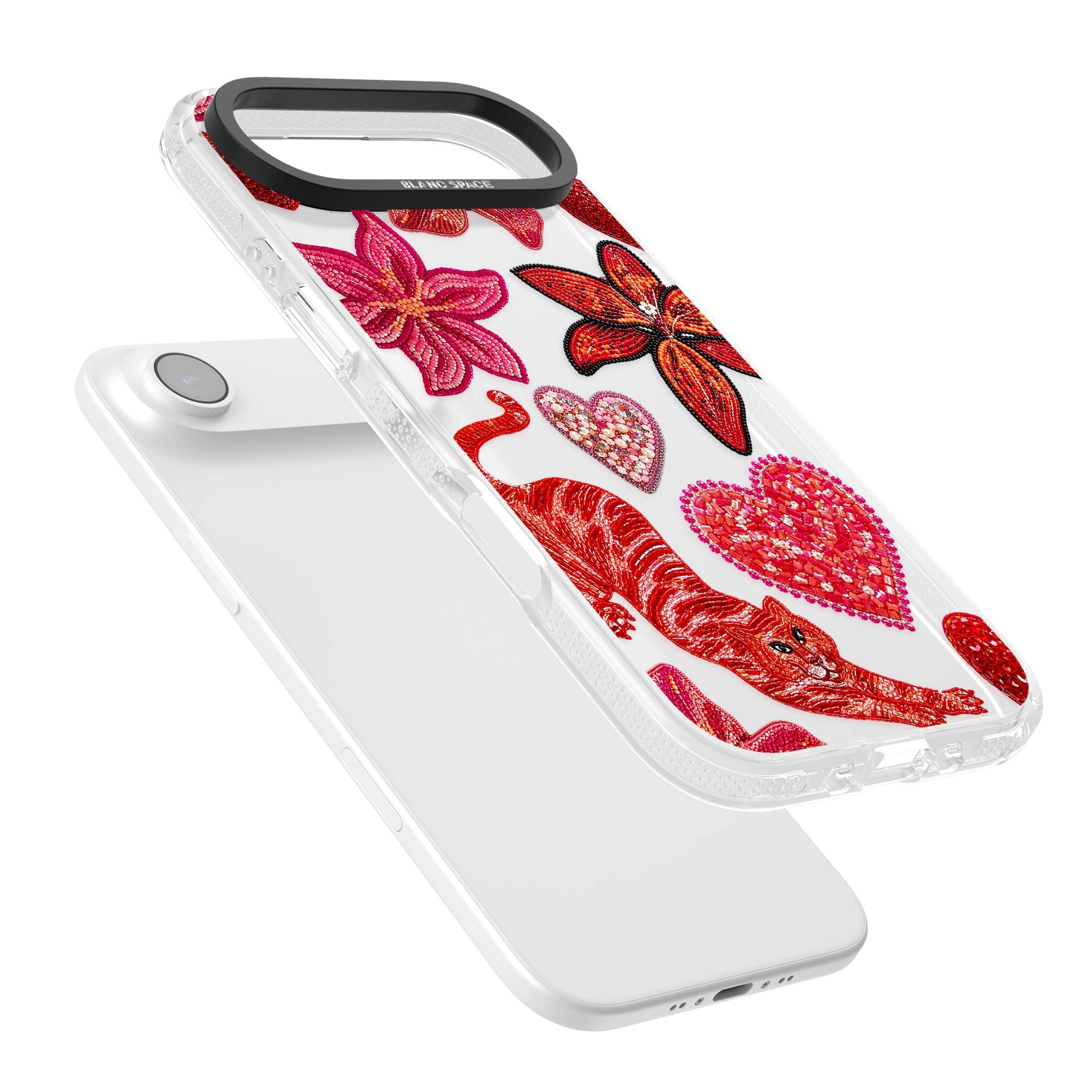 Beaded Boho floral iPhone case featuring beaded red lilies, a stitched tiger, and pearl-encrusted hearts on clear | Clear Case Impact Air case for iPhone Air
