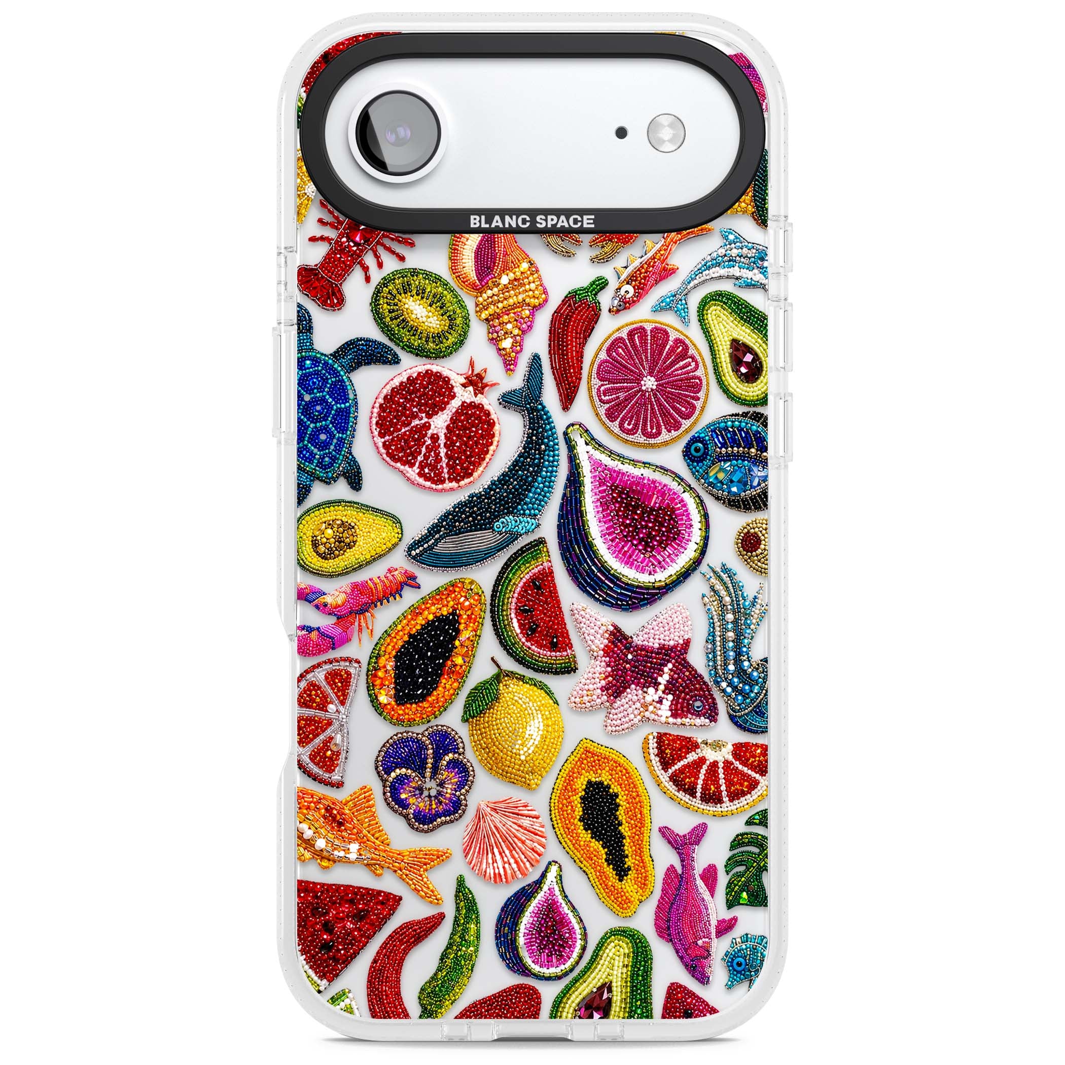 Beaded Tropic tropical iPhone case featuring beaded fruit, fish, crabs and seashells in vibrant colour | Clear Case Impact Air case for iPhone Air