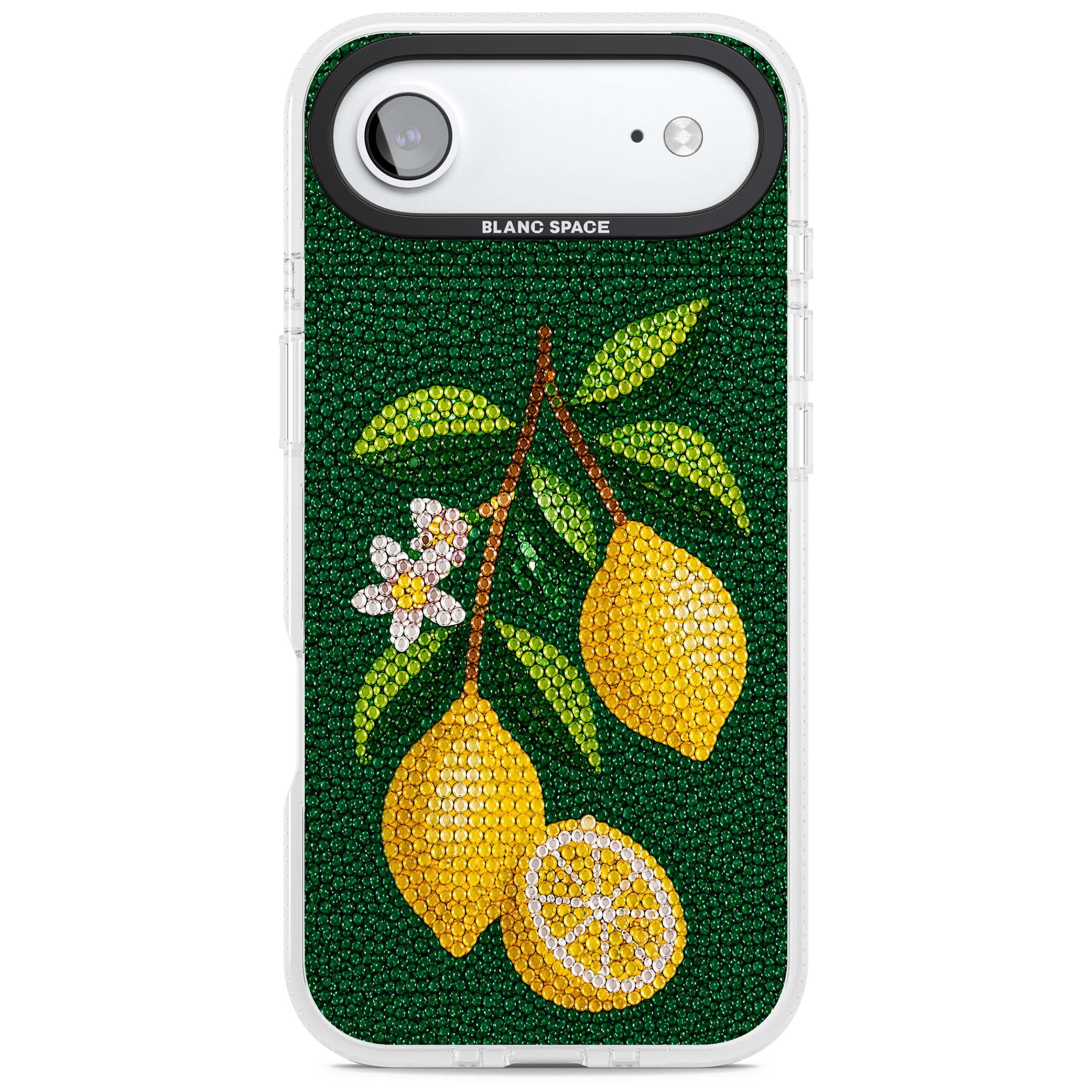 Beaded Lemons coastal iPhone case featuring crystal-beaded lemons, citrus blossom and green leaves on emerald ground | Clear Case Impact Air case for iPhone Air