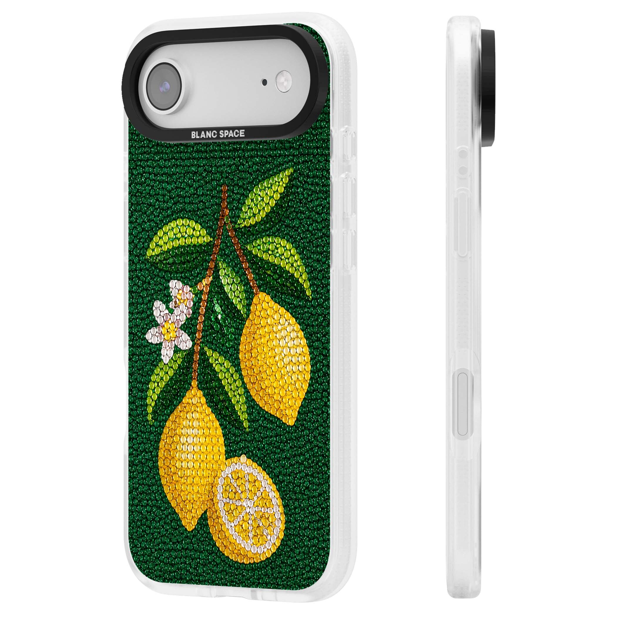 Beaded Lemons coastal iPhone case featuring crystal-beaded lemons, citrus blossom and green leaves on emerald ground | Clear Case Impact Air case for iPhone Air
