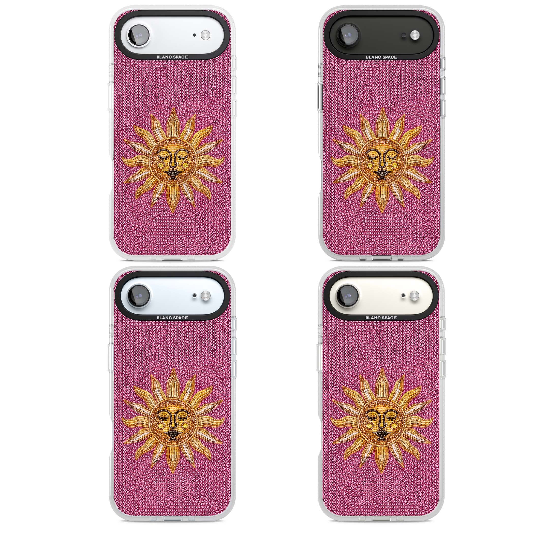 Beaded Sun celestial iPhone case featuring a golden beaded sun face with radiant rays on hot pink beaded background | Clear Case Impact Air case for iPhone Air