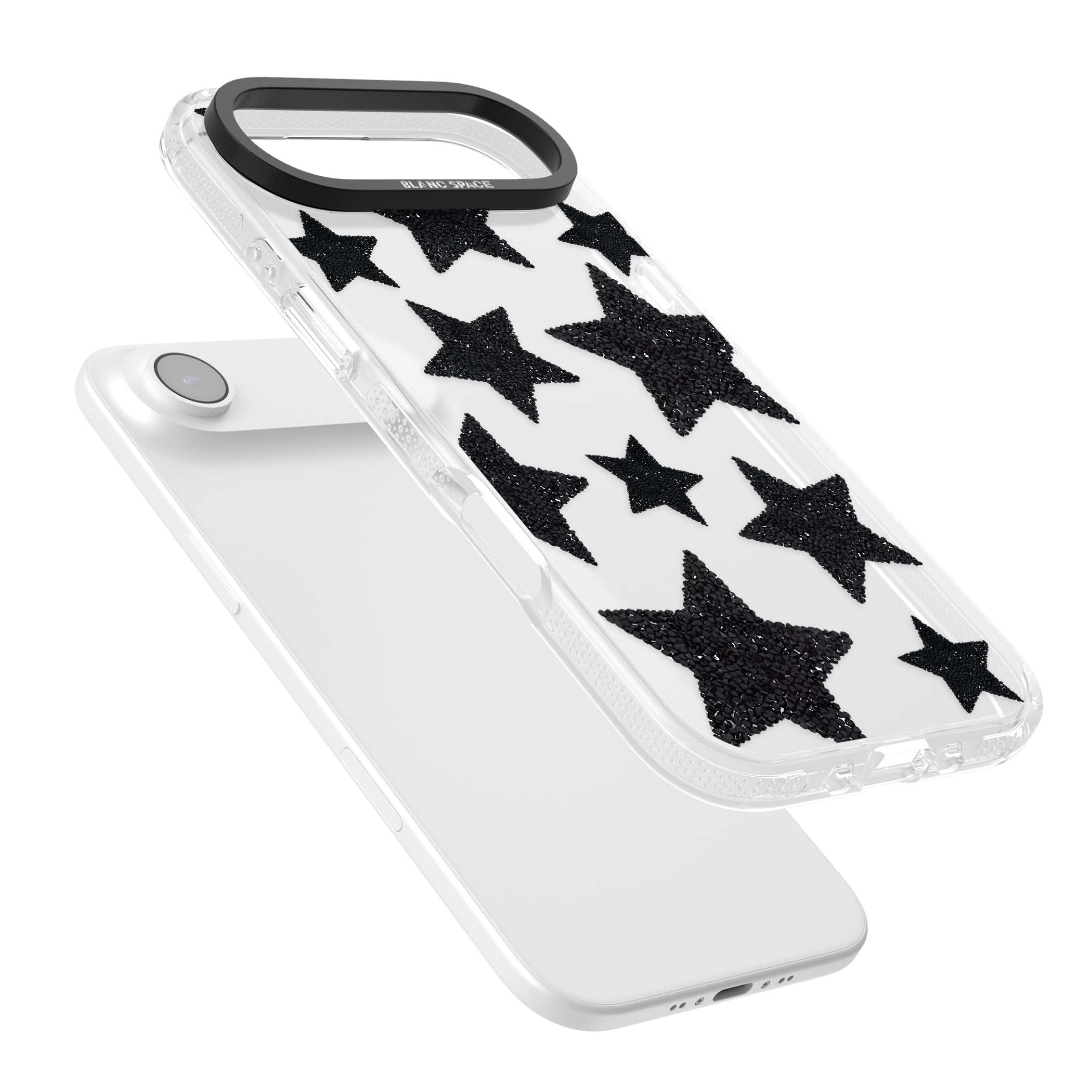 Beaded Black Stars celestial iPhone case featuring black glitter beaded stars scattered on a clear background | Clear Case Impact Air case for iPhone Air