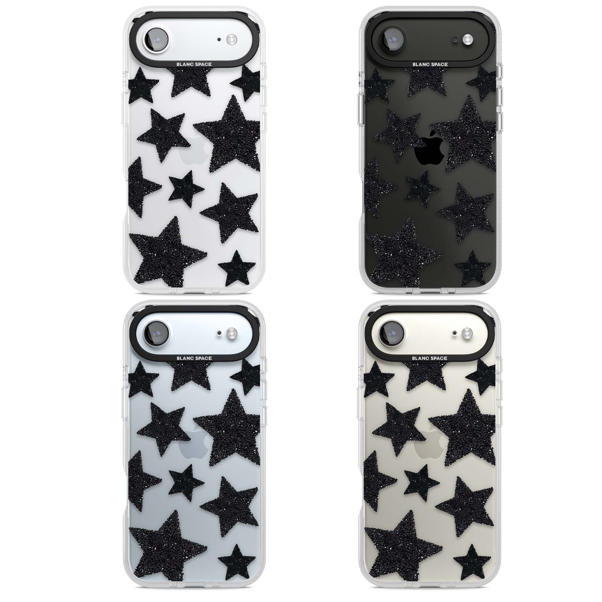 Beaded Black Stars celestial iPhone case featuring black glitter beaded stars scattered on a clear background | Clear Case Impact Air case for iPhone Air