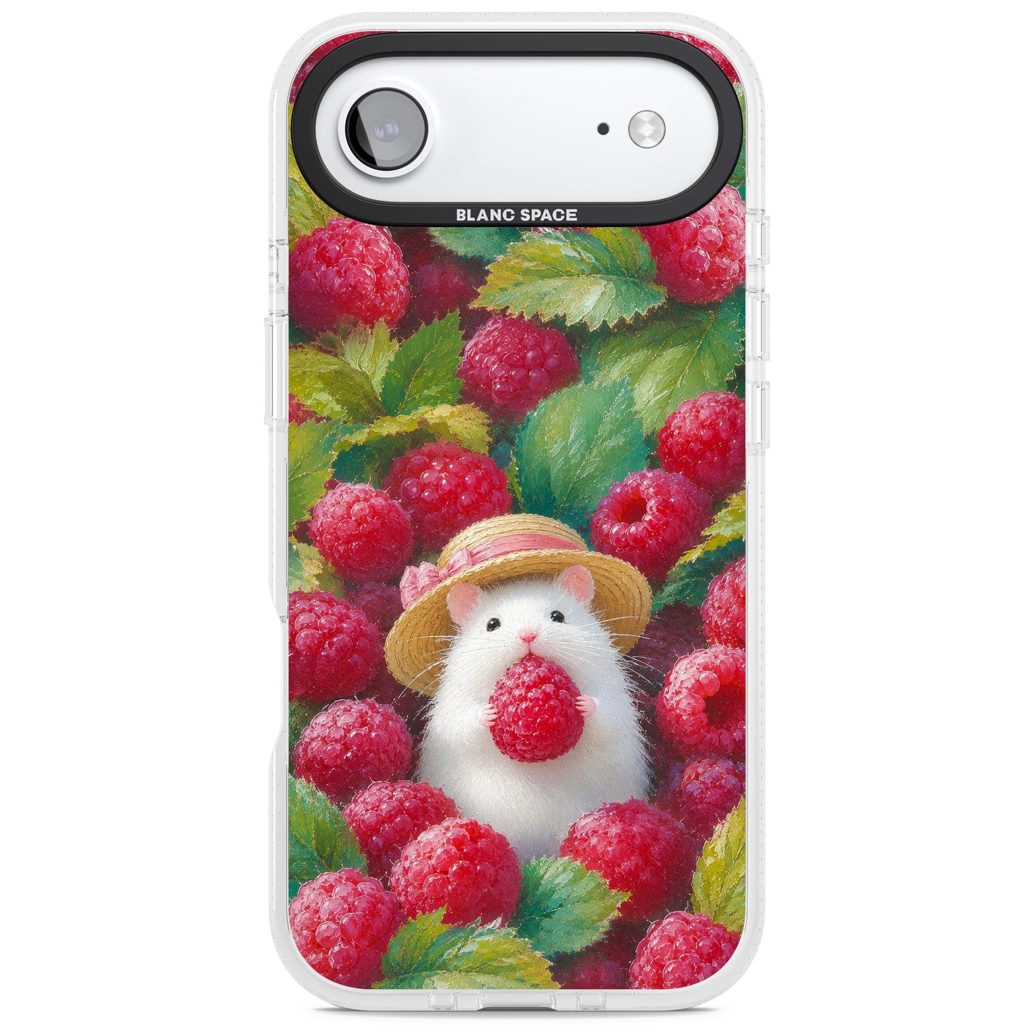 Berry Forager cottagecore iPhone case featuring a white hamster in a straw hat holding a raspberry surrounded by ripe ber | Clear Case Impact Air case for iPhone Air