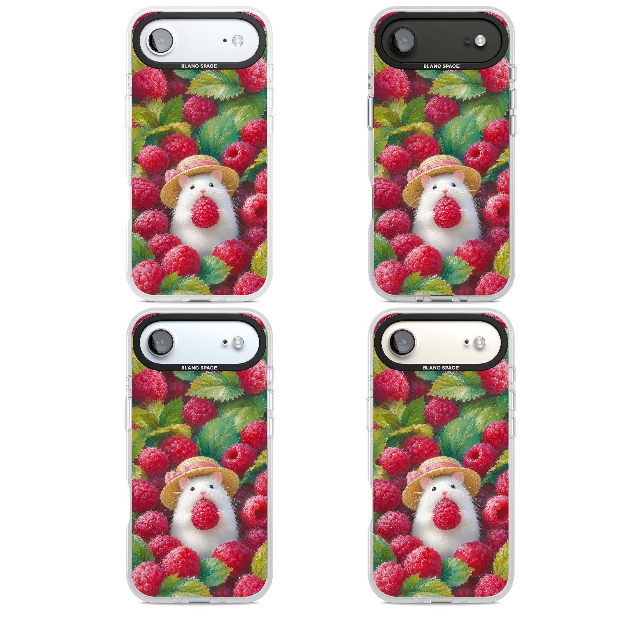 Berry Forager cottagecore iPhone case featuring a white hamster in a straw hat holding a raspberry surrounded by ripe ber | Clear Case Impact Air case for iPhone Air