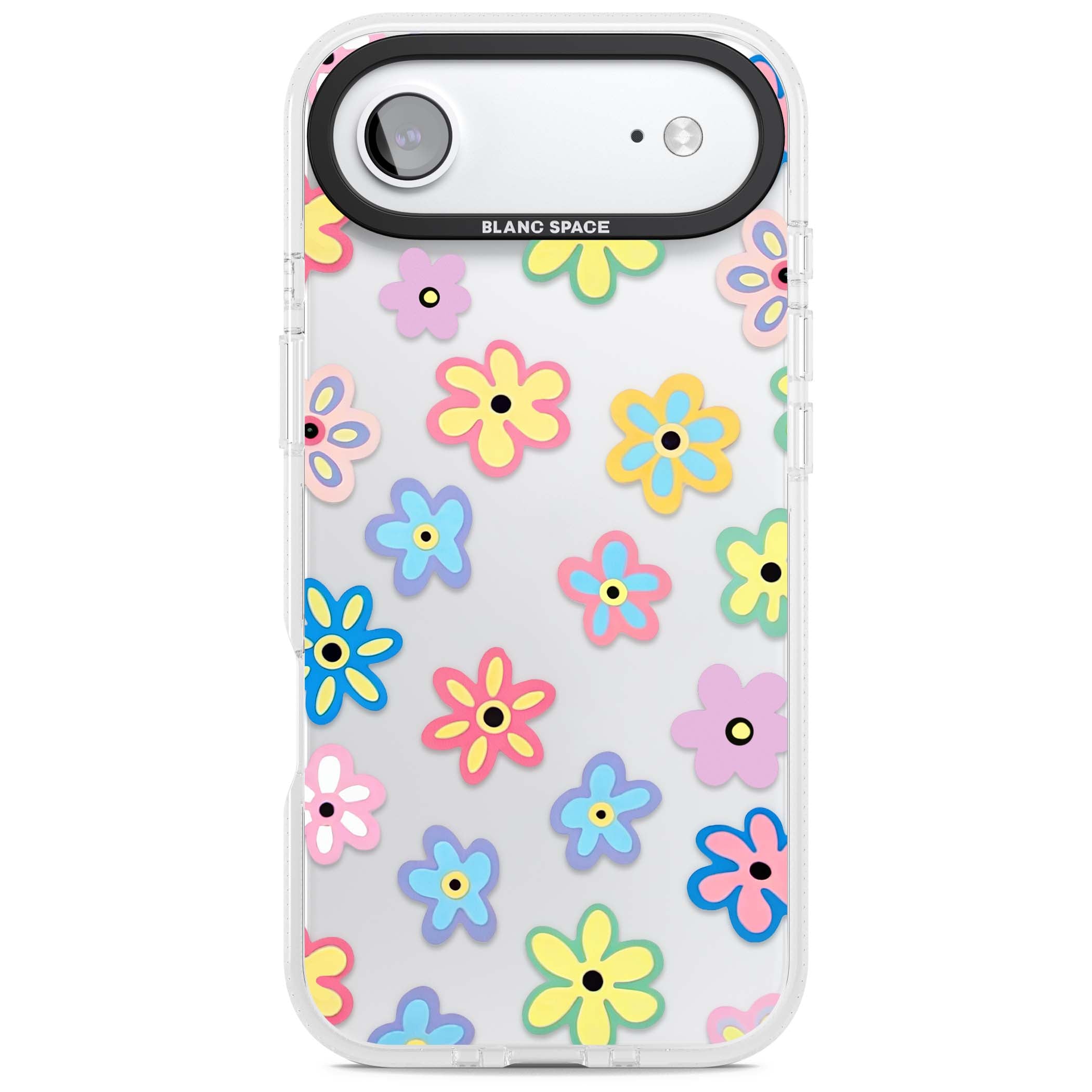 Bloom Pop cottagecore iPhone case featuring multicolor pastel flowers with black centers on clear background | Clear Case Impact Air case for iPhone Air