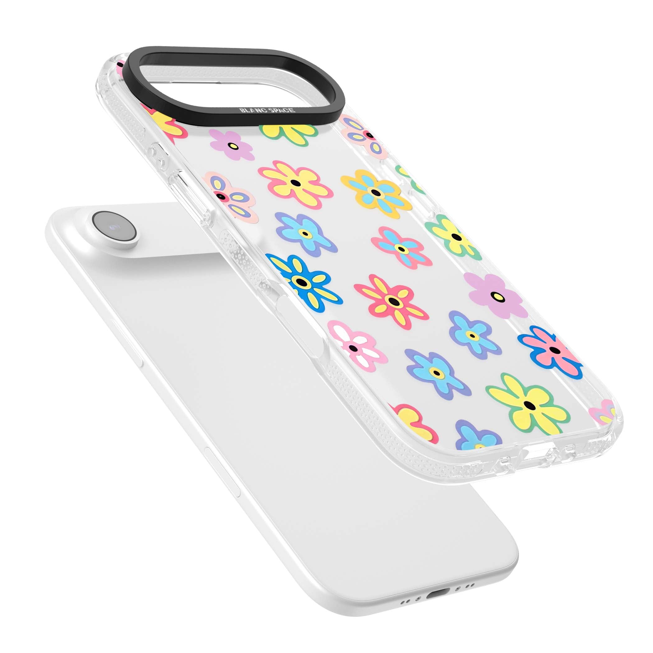 Bloom Pop cottagecore iPhone case featuring multicolor pastel flowers with black centers on clear background | Clear Case Impact Air case for iPhone Air