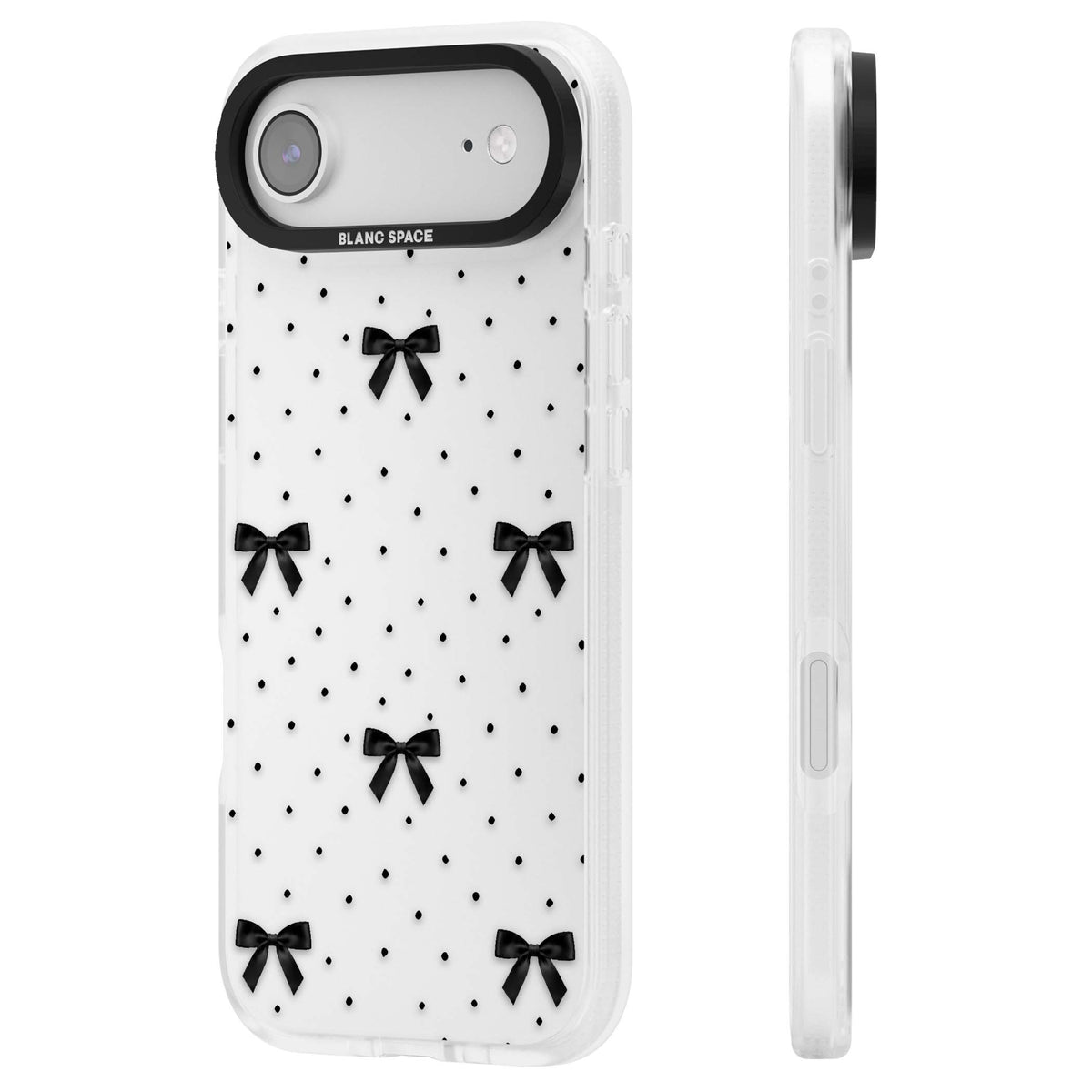 Black Polka Bows coquette iPhone case featuring scattered black satin bows and tiny polka dots on a clear base | Clear Case Impact Air case for iPhone Air