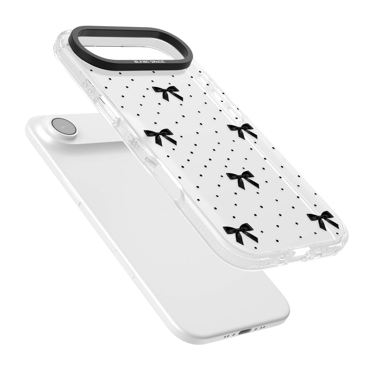 Black Polka Bows coquette iPhone case featuring scattered black satin bows and tiny polka dots on a clear base | Clear Case Impact Air case for iPhone Air