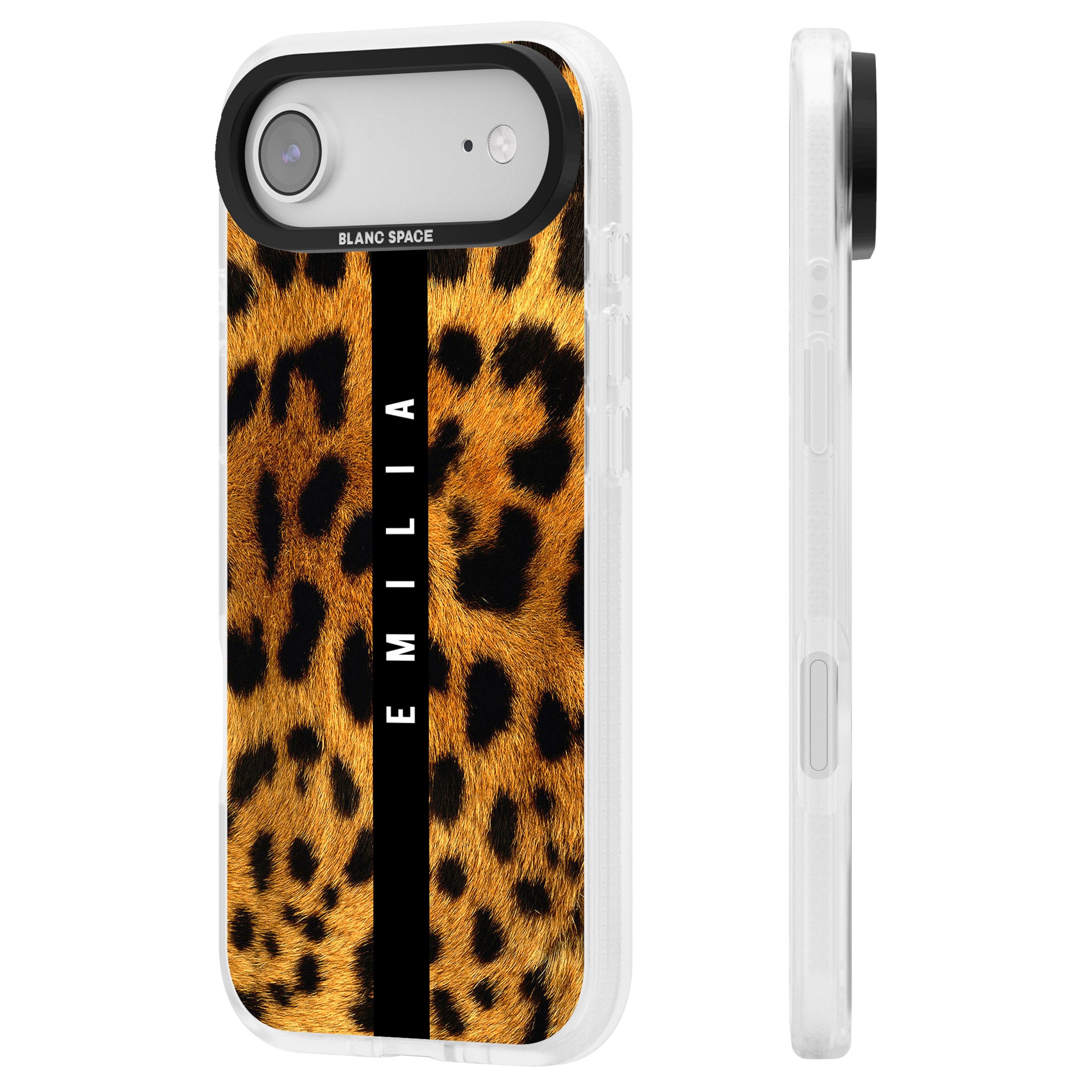 Personalised Leopard Print iPhone 17 Air Impact Air Clear Phone Case Side Profile