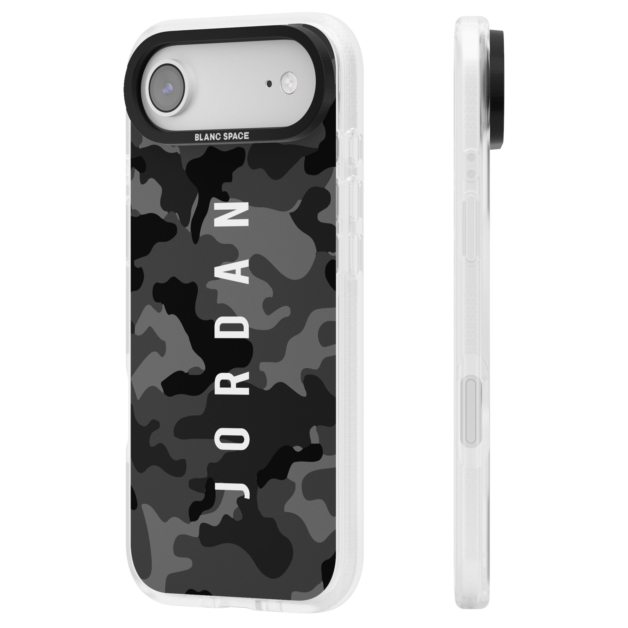 Personalised Black Camouflage Name iPhone 17 Air Impact Air Clear Phone Case Side Profile