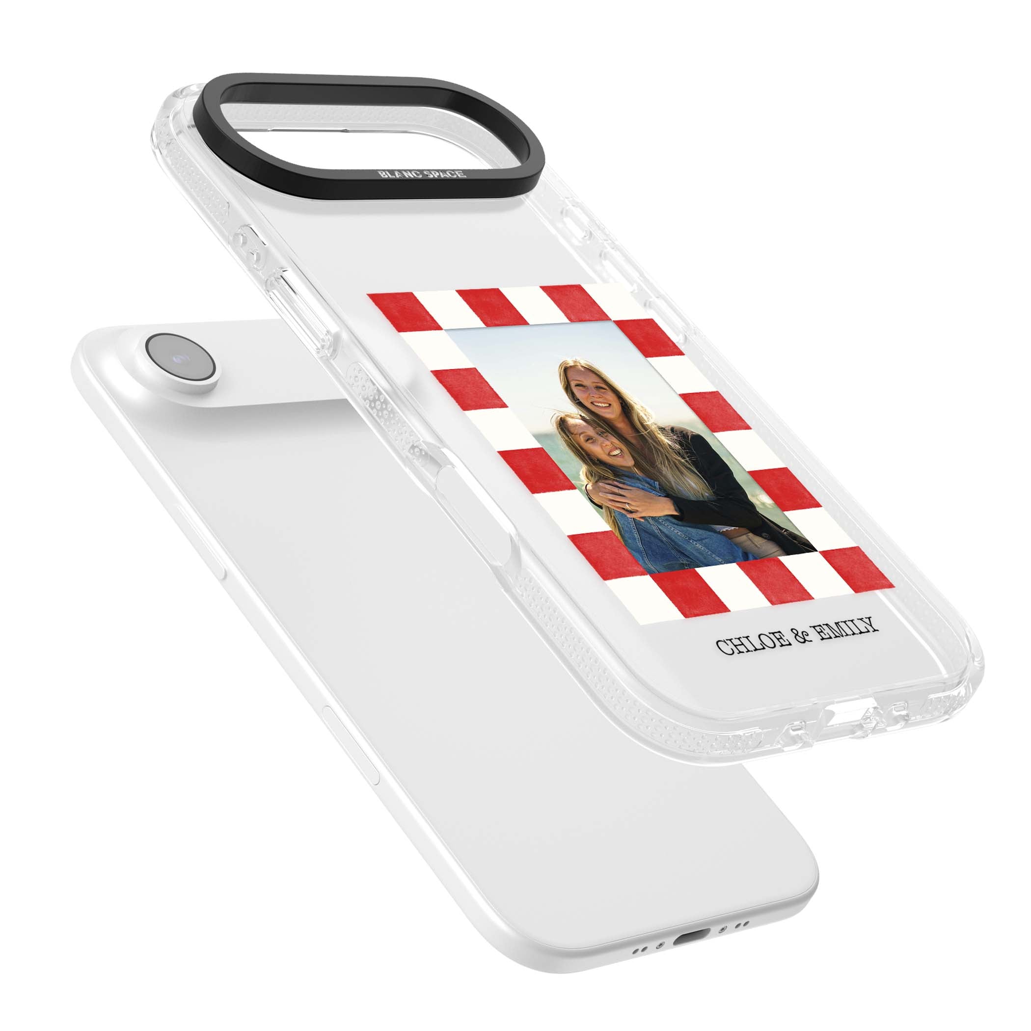 Red Check Photo personalised photo iPhone case with red and white checkered polaroid frame and custom couple name | Clear Case Impact Air case for iPhone Air