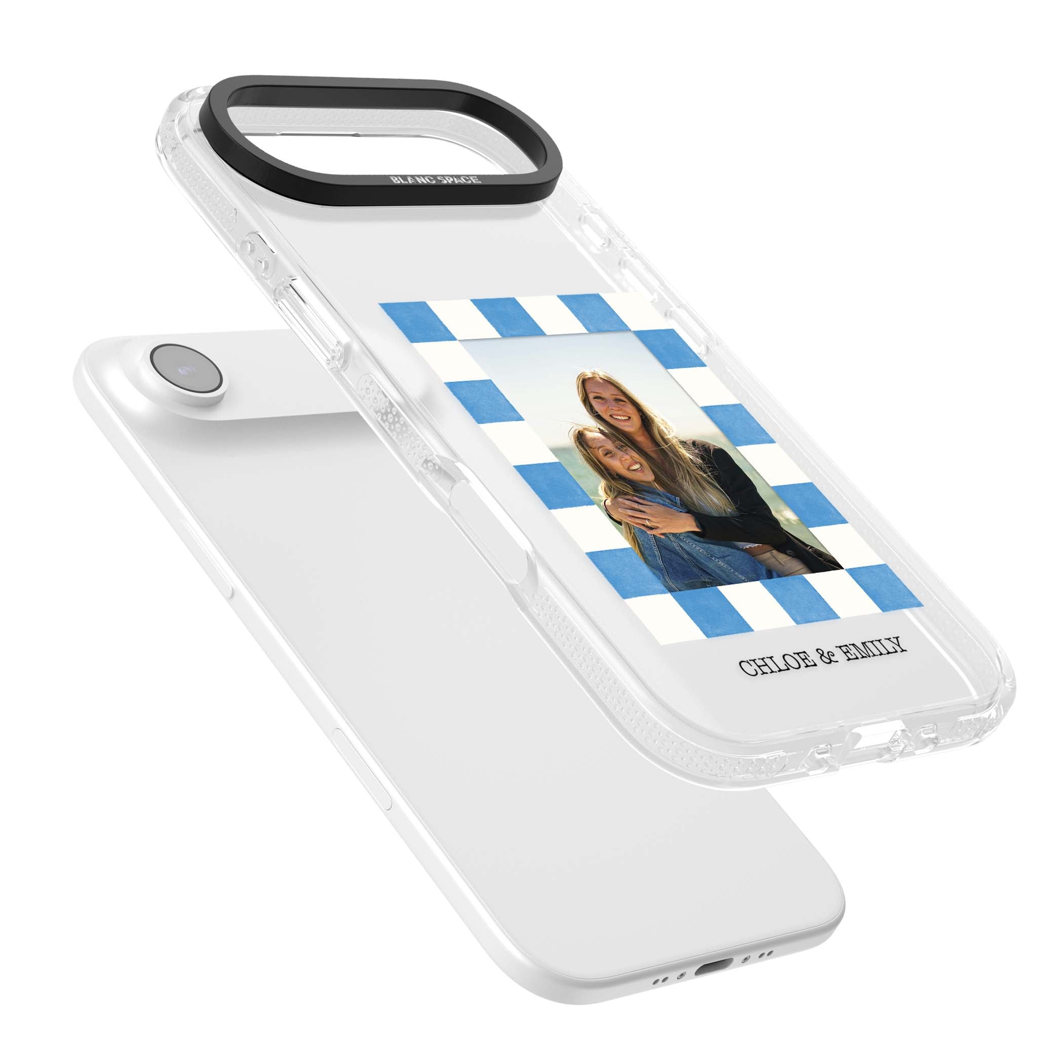 Blue Check Photo personalised photo iPhone case with blue checkered frame and custom couple names | Clear Case Impact Air case for iPhone Air