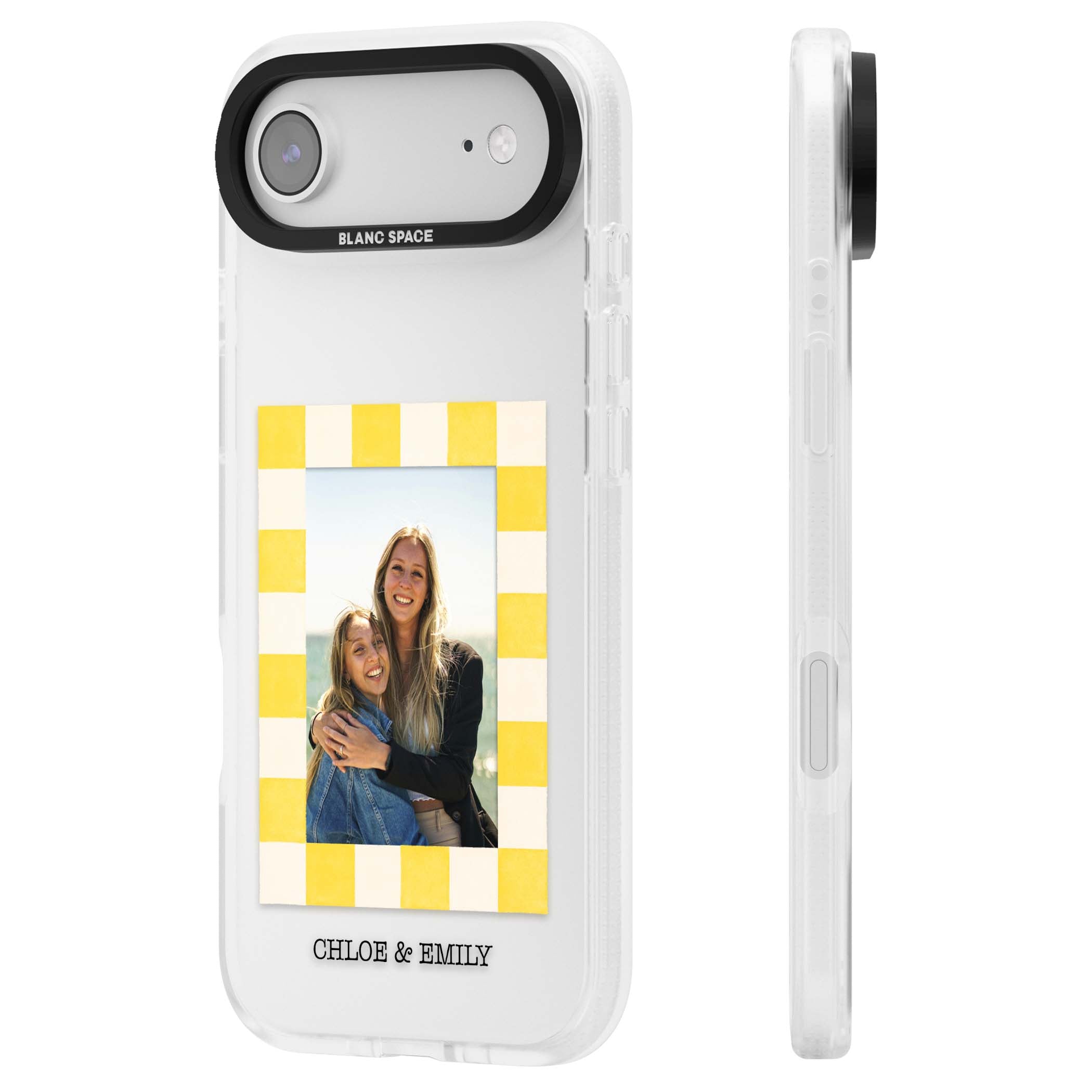 Yellow Check Photo personalised iPhone case with yellow checkered Polaroid frame and custom names beneath | Clear Case Impact Air case for iPhone Air