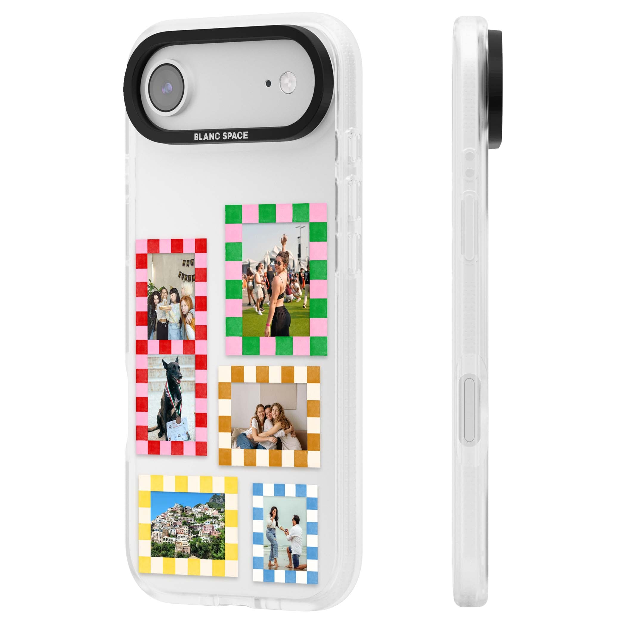 Italian Check Frames custom photo collage iPhone case featuring six checkered photo frames in red, green, pink and  | Clear Case Impact Air case for iPhone Air