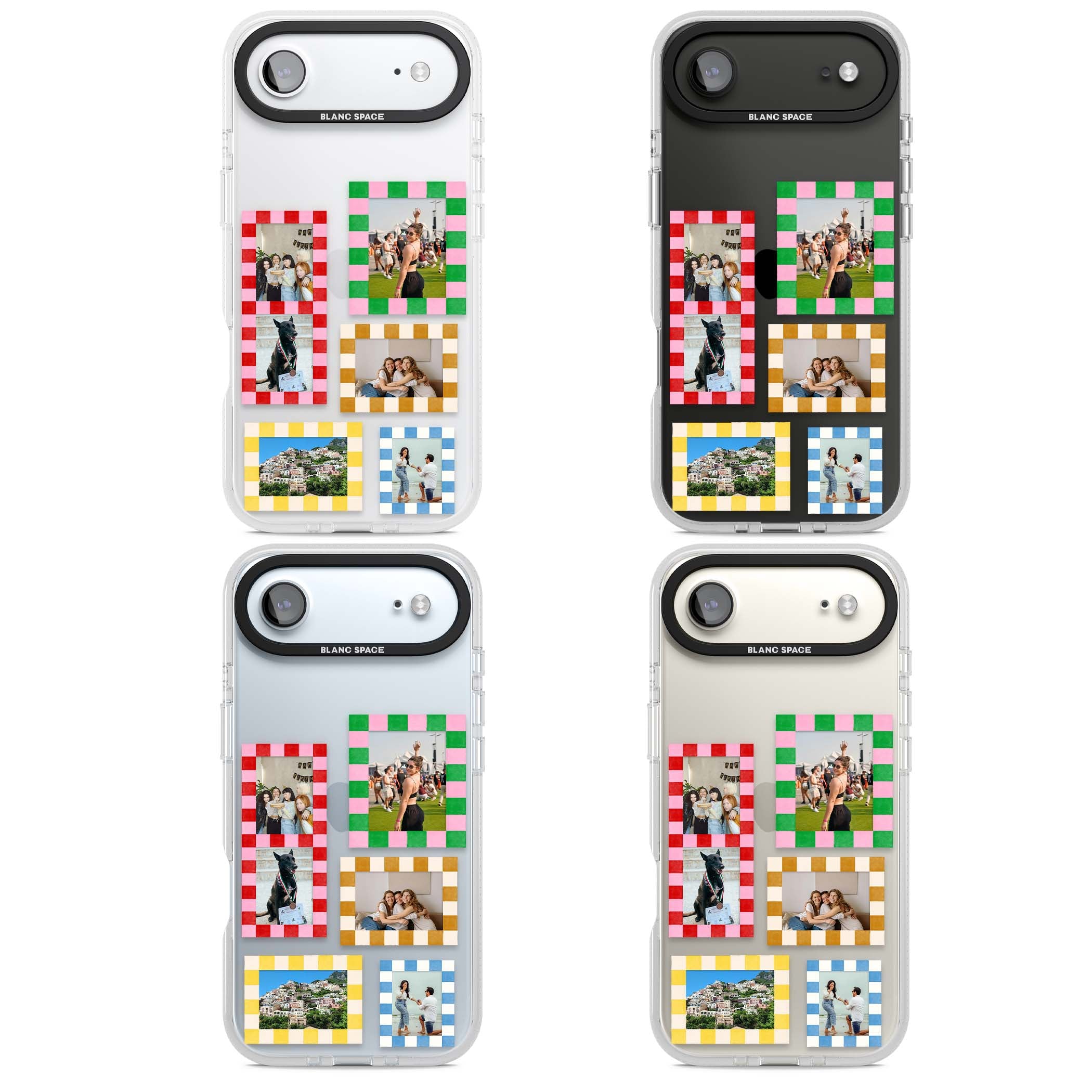 Italian Check Frames custom photo collage iPhone case featuring six checkered photo frames in red, green, pink and  | Clear Case Impact Air case for iPhone Air