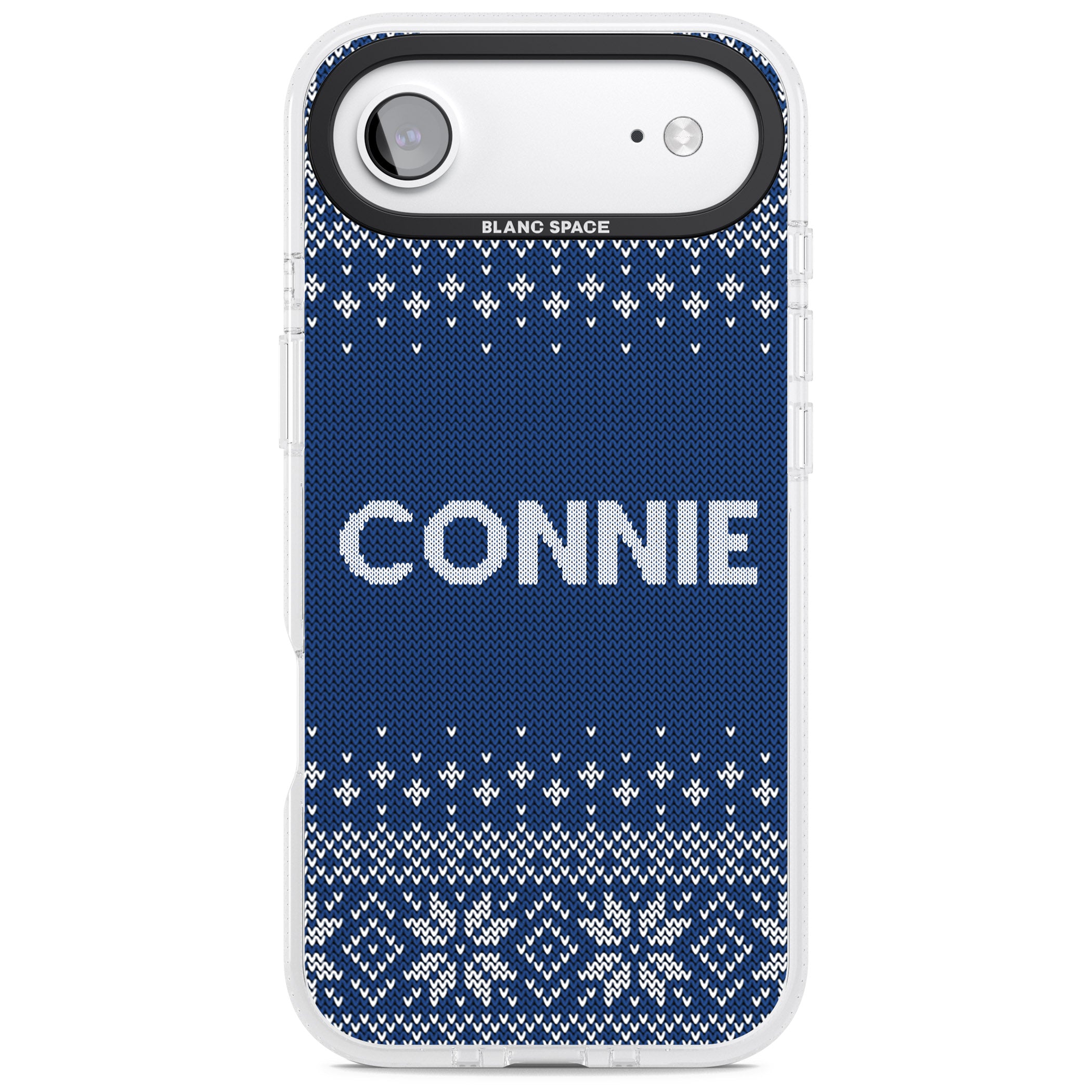 Personalised Blue Knitted Christmas iPhone 17 Air Impact Air Clear Phone Case
