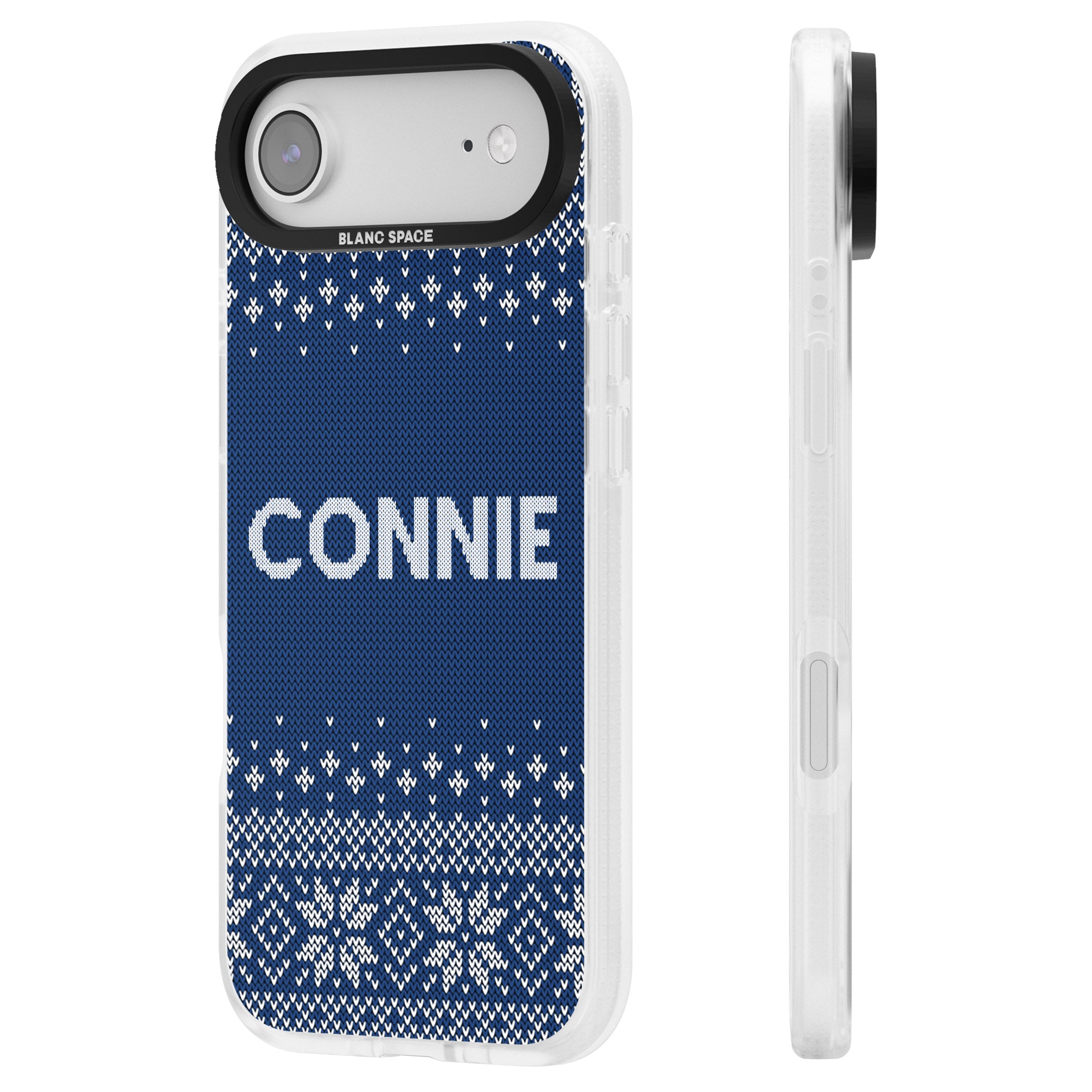 Personalised Blue Knitted Christmas iPhone 17 Air Impact Air Clear Phone Case Side Profile