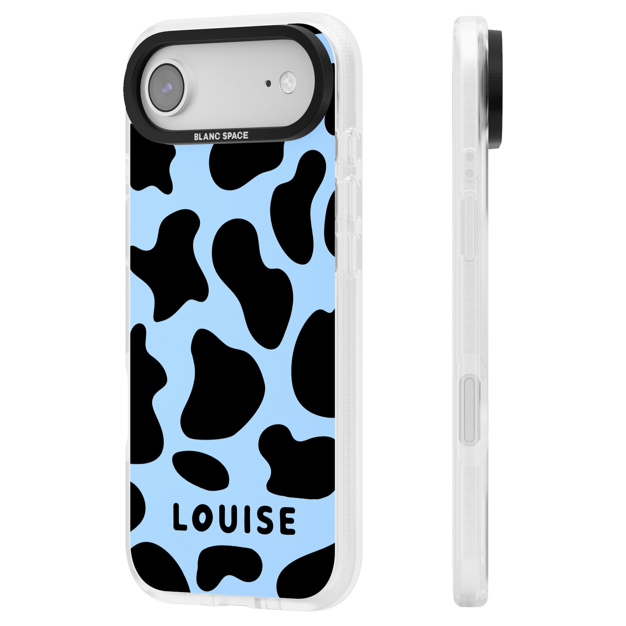 Personalised Blue And Black Cow Print iPhone 17 Air Impact Air Clear Phone Case Side Profile