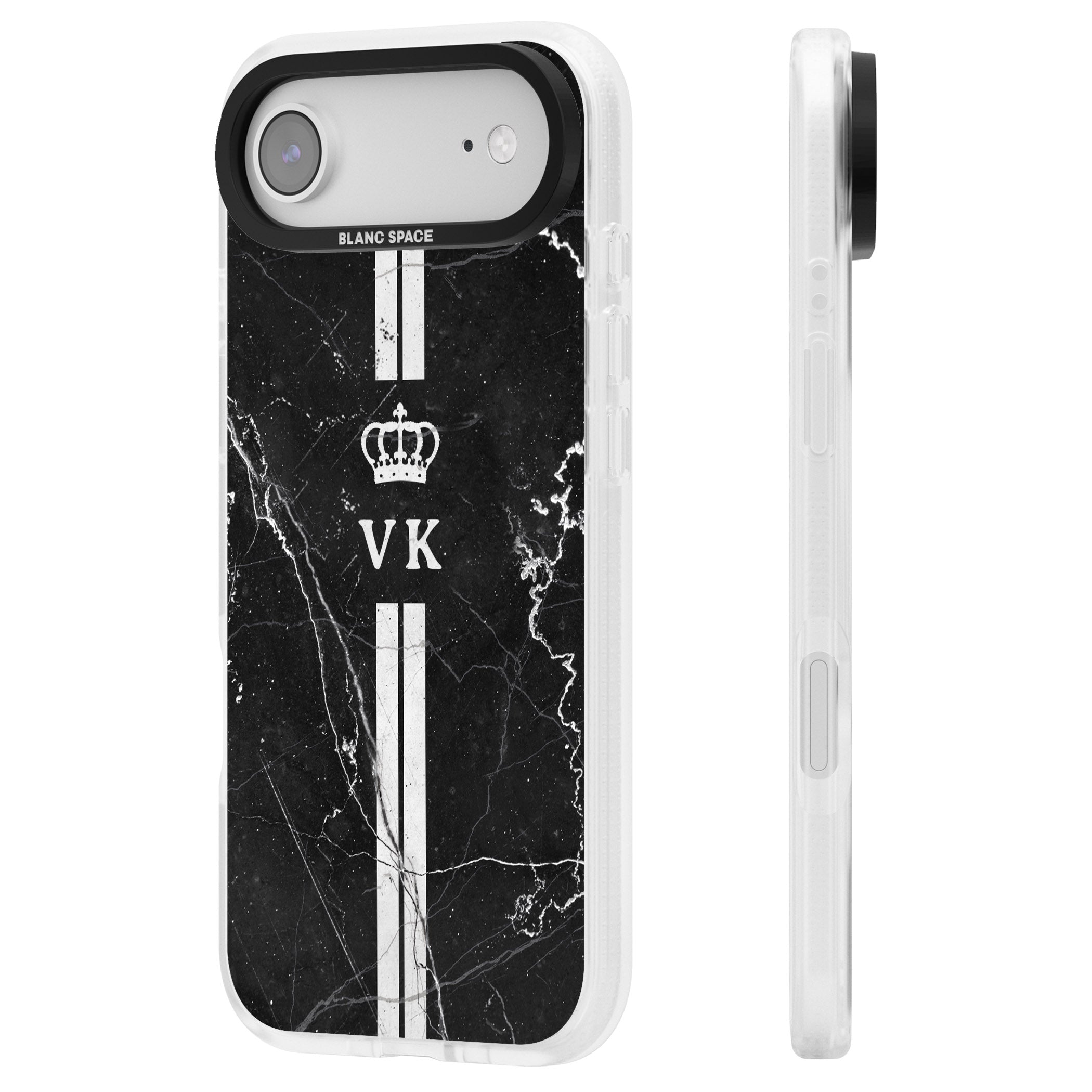 Personalised Black Marble Stripe Initials iPhone 17 Air Impact Air Clear Phone Case Side Profile