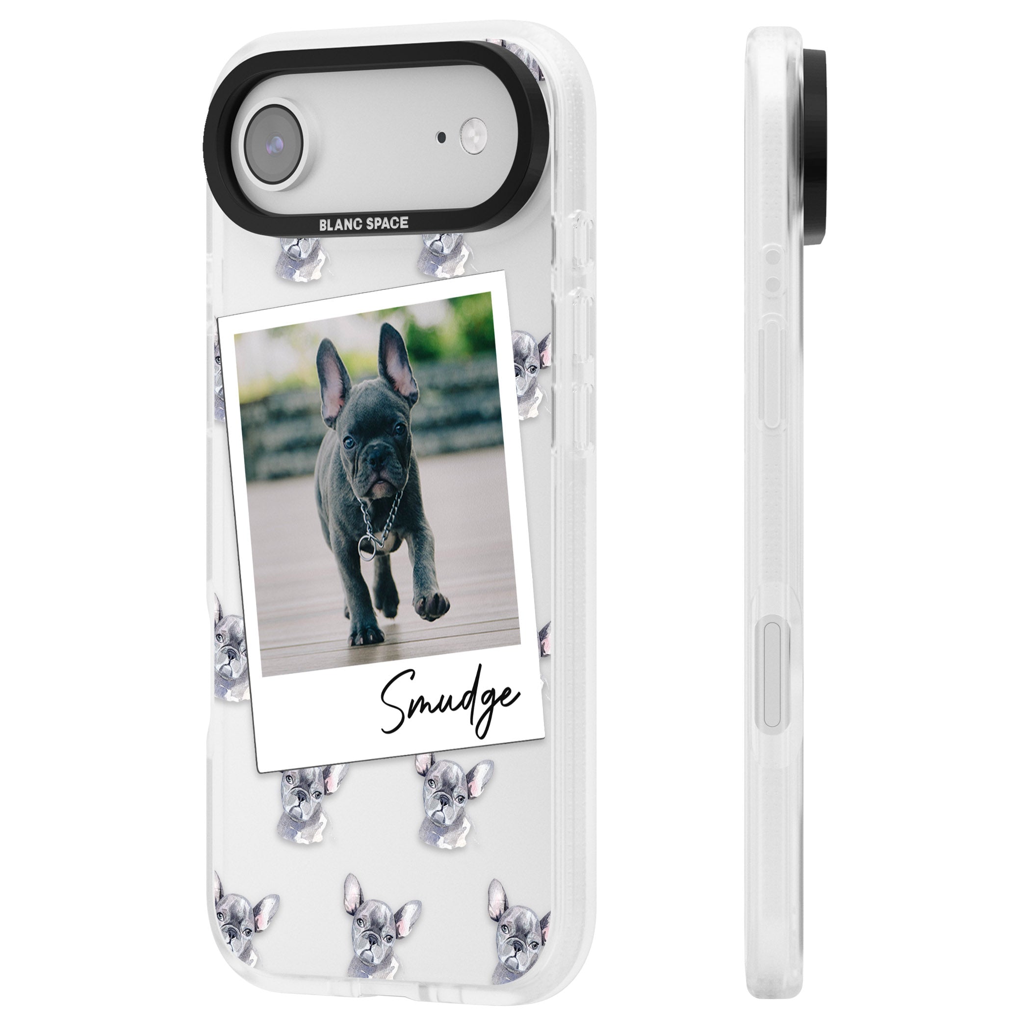 Personalised Grey French Bulldog Instant Camera Photo iPhone 17 Air Impact Air Clear Phone Case Side Profile