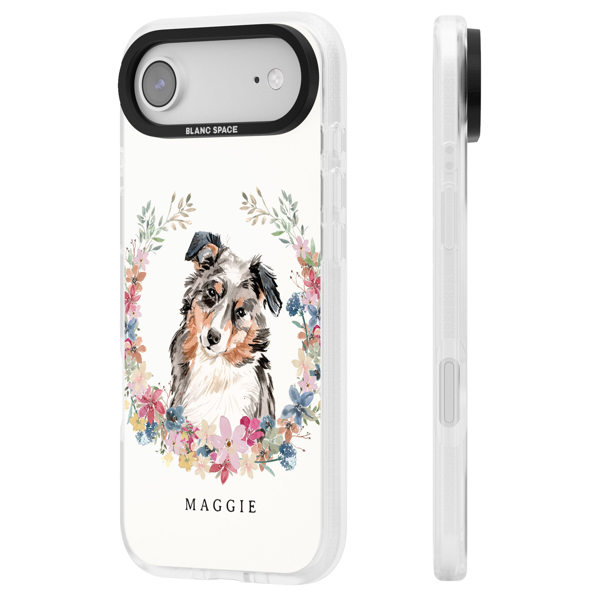 Personalised Australian Shepherd Floral Portrait iPhone 17 Air Impact Air Clear Phone Case Side Profile
