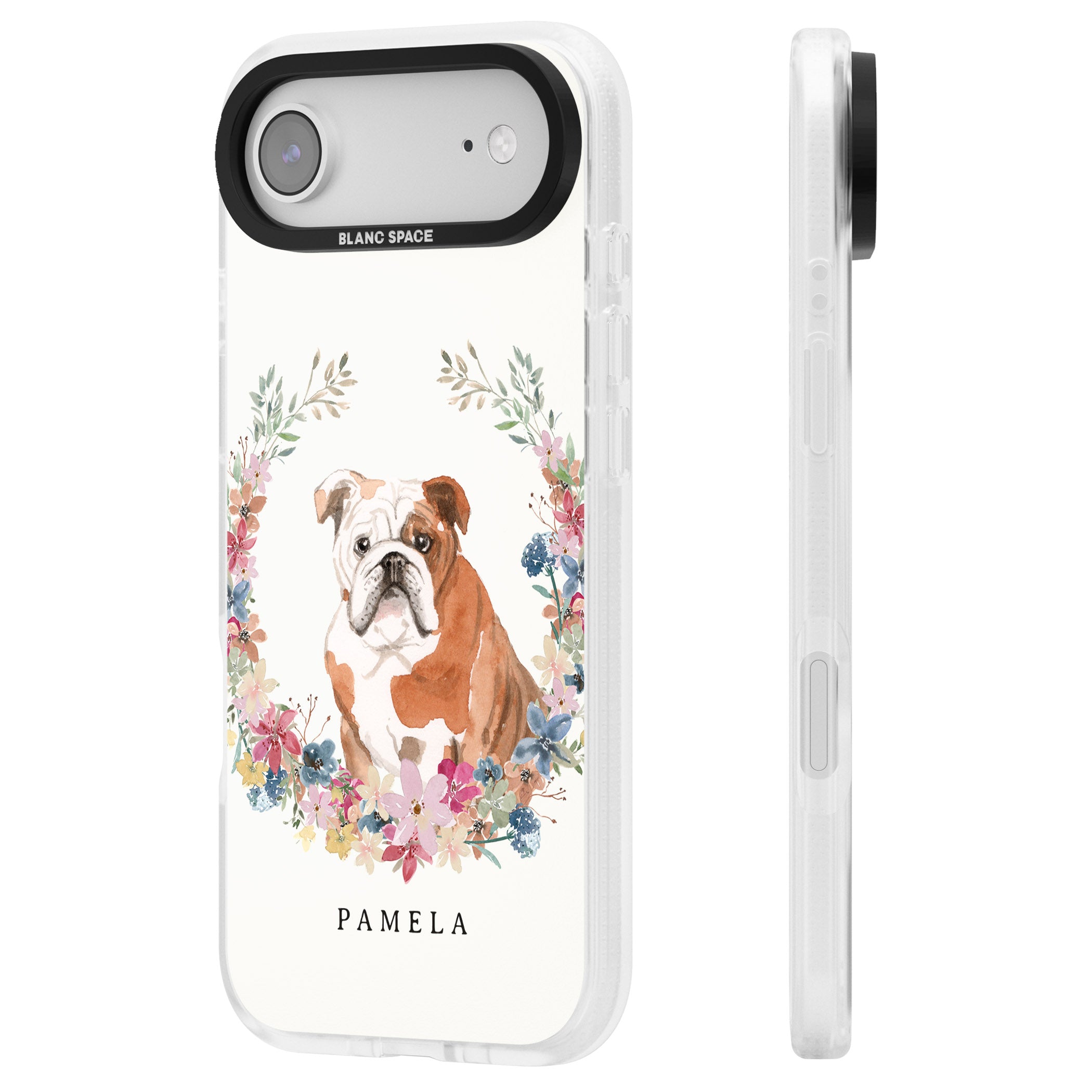 Personalised English Bulldog Floral Portrait iPhone 17 Air Impact Air Clear Phone Case Side Profile