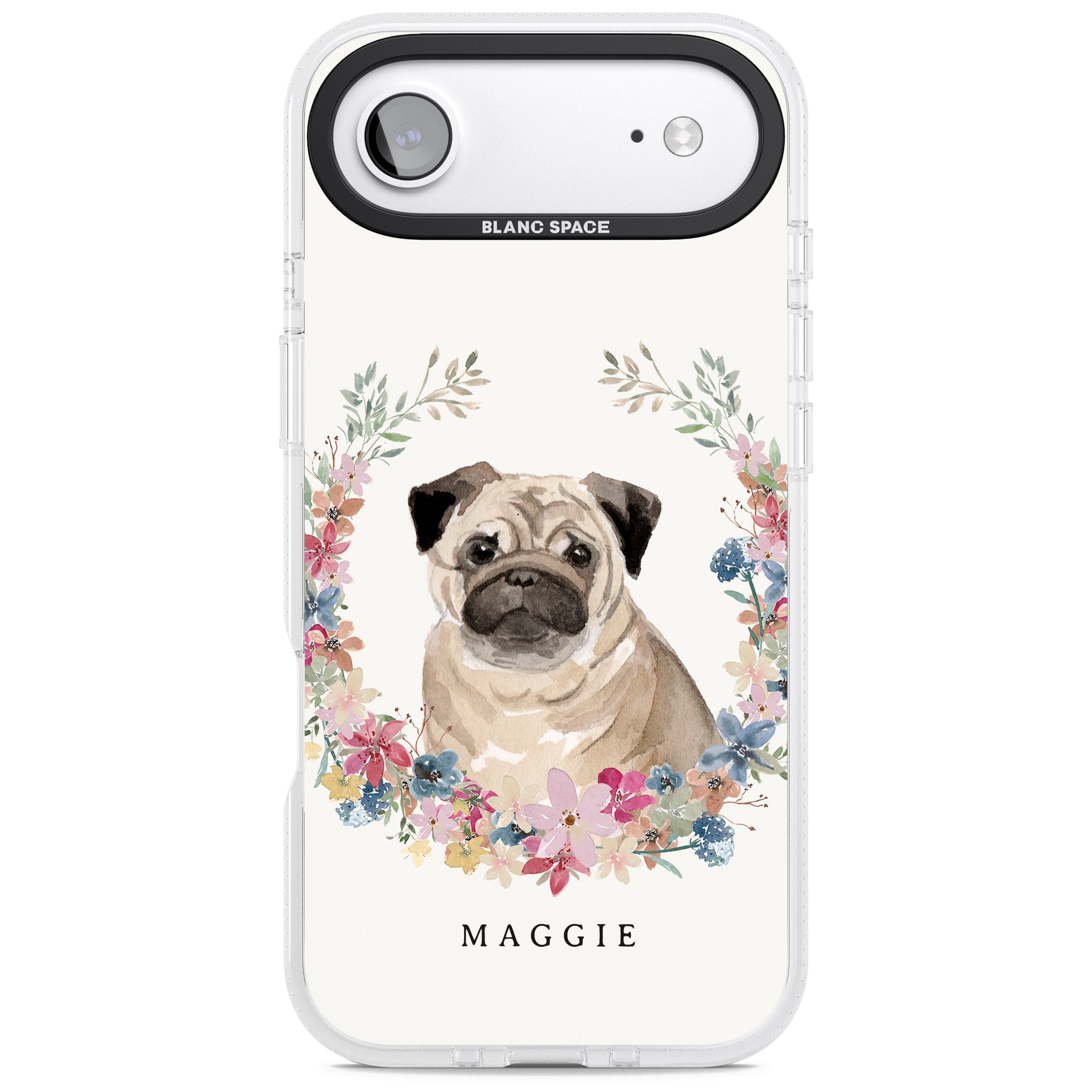 Personalised Pug Floral Portrait iPhone 17 Air Impact Air Clear Phone Case