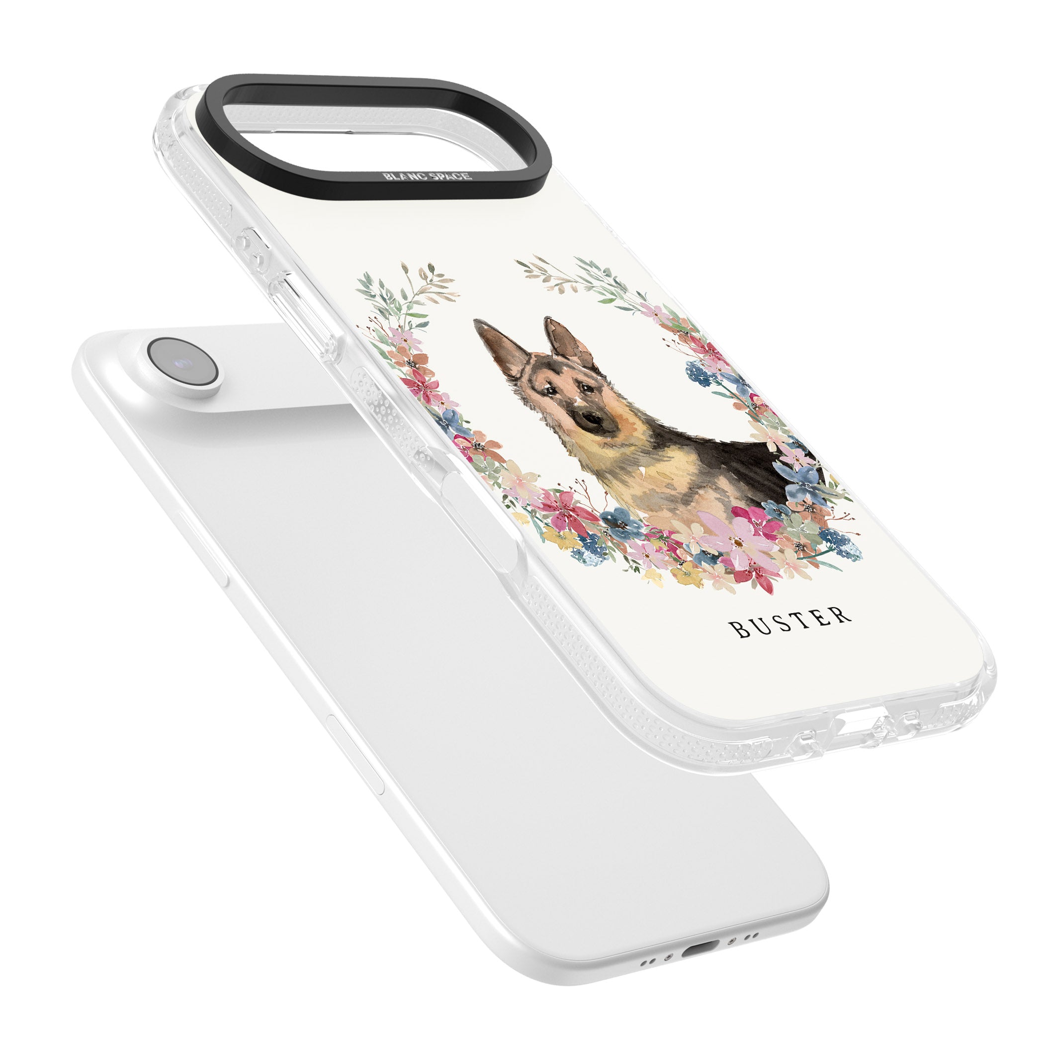Personalised German Shepherd Floral Portrait iPhone 17 Air Impact Air Clear Phone Case Colours