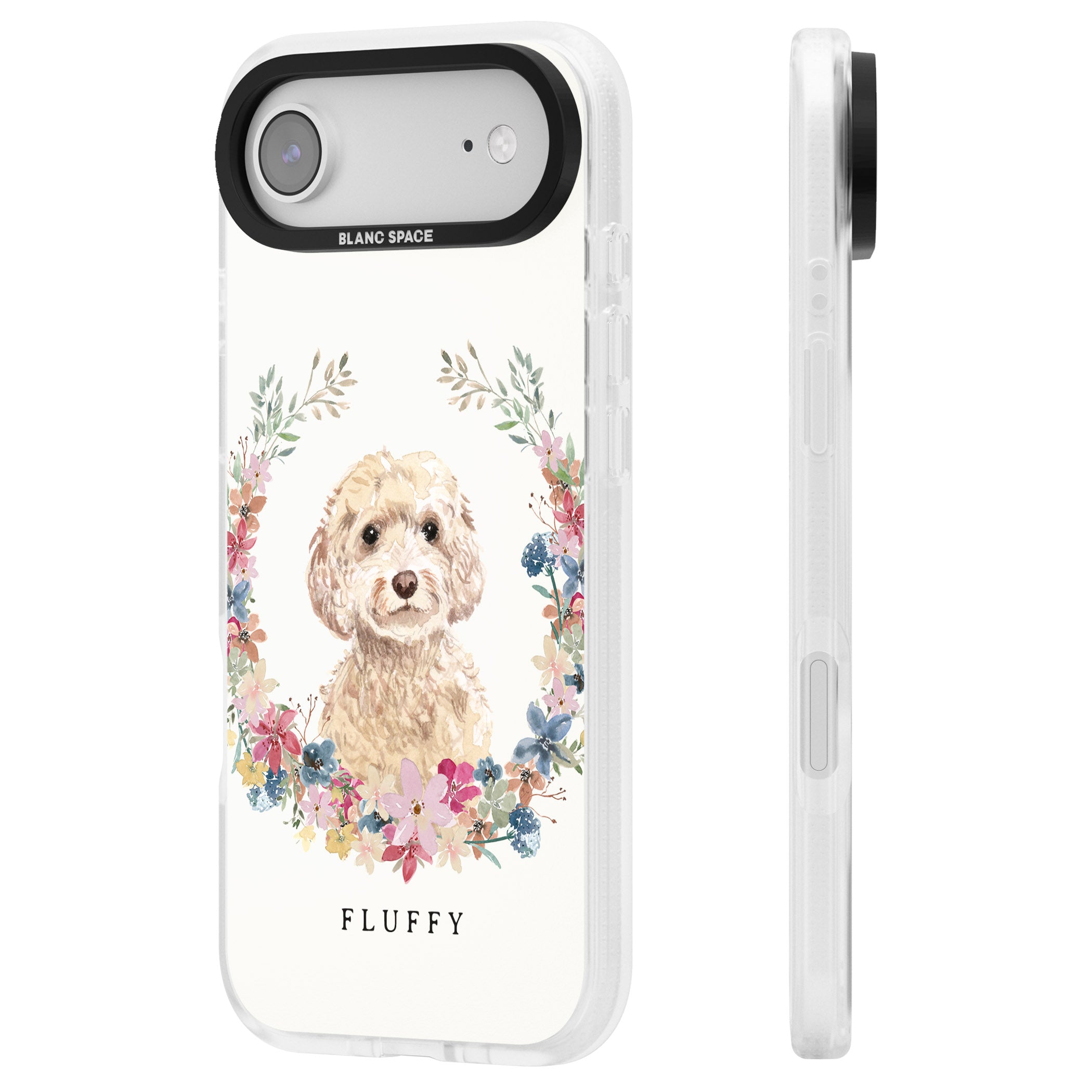 Personalised Champagne Cockapoo Floral Portrait iPhone 17 Air Impact Air Clear Phone Case Side Profile