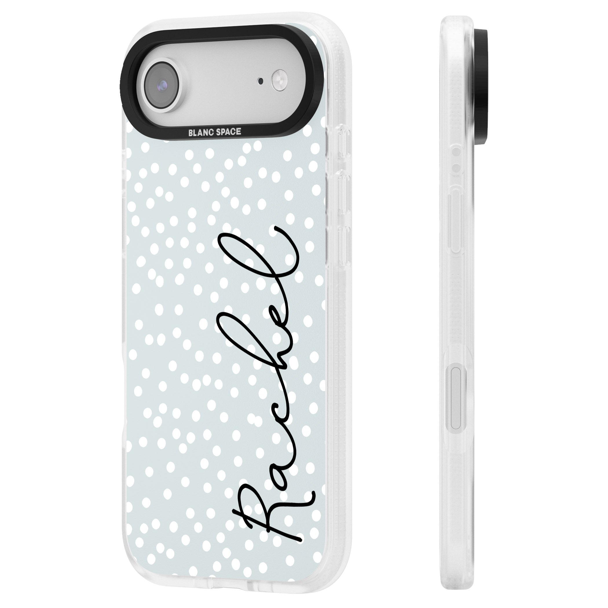 Personalised Vertical Cursive & Dots iPhone 17 Air Impact Air Clear Phone Case Side Profile