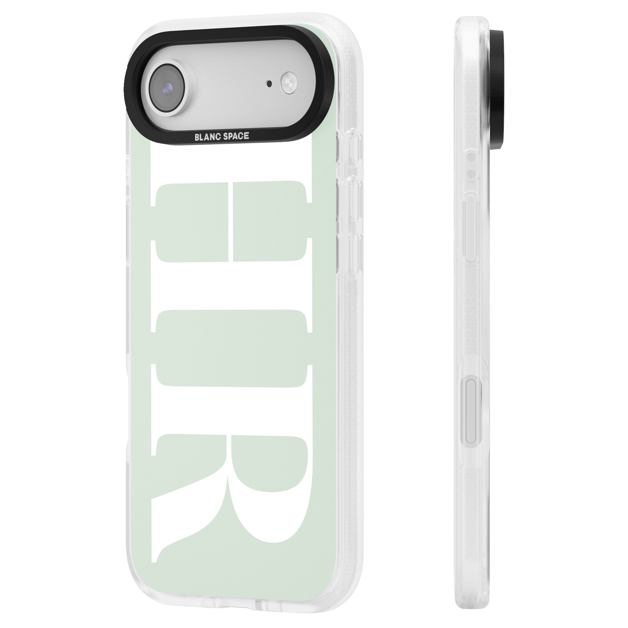 Personalised White & Seafoam Green Letters iPhone 17 Air Impact Air Clear Phone Case Side Profile