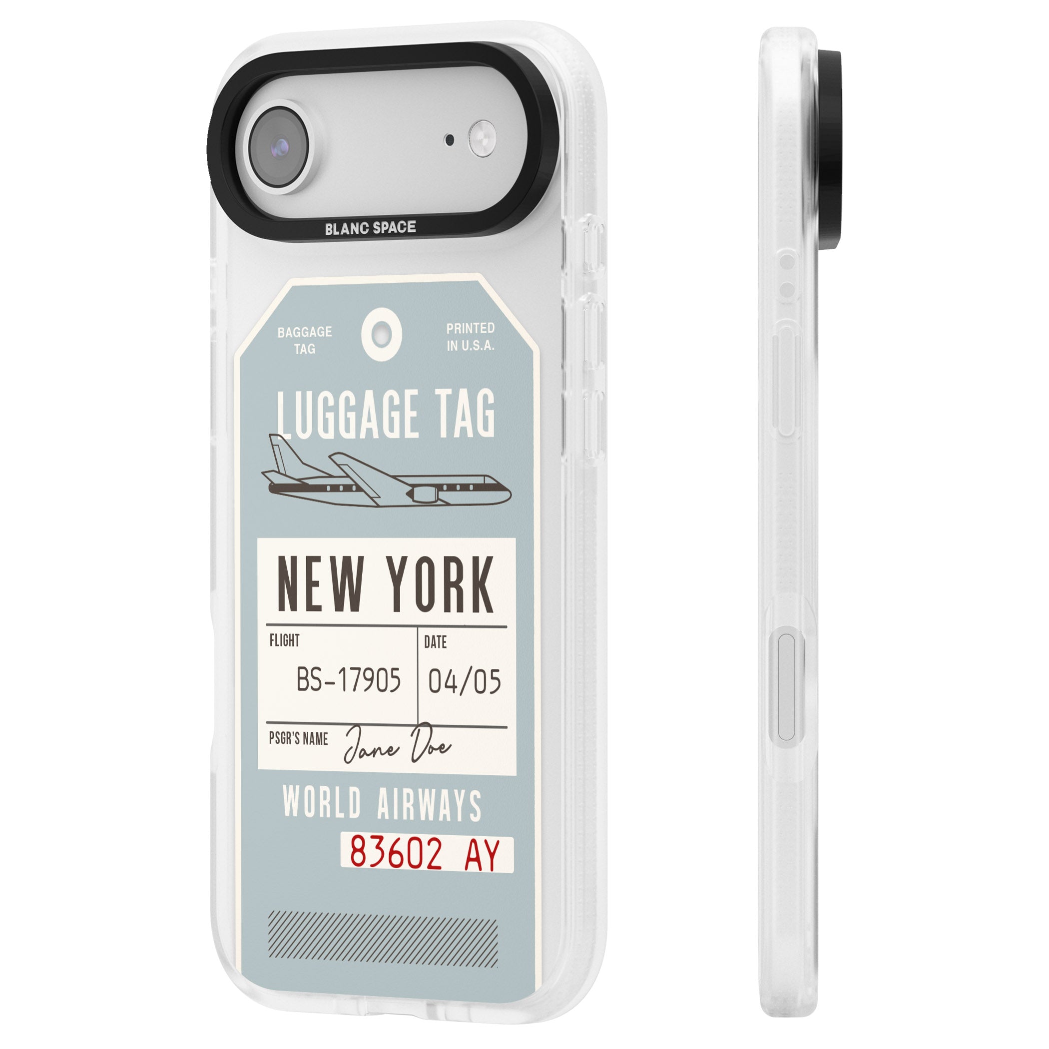 Personalised Vintage Usa Luggage Tag iPhone 17 Air Impact Air Clear Phone Case Side Profile