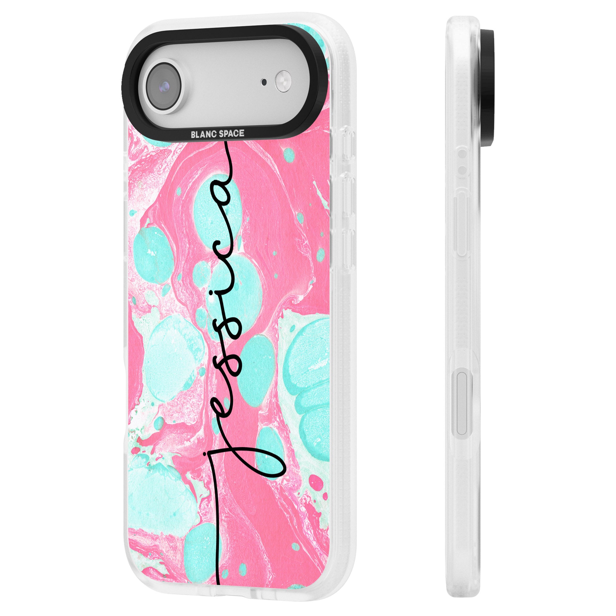 Personalised Turquoise & Pink Marbled iPhone 17 Air Impact Air Clear Phone Case Side Profile