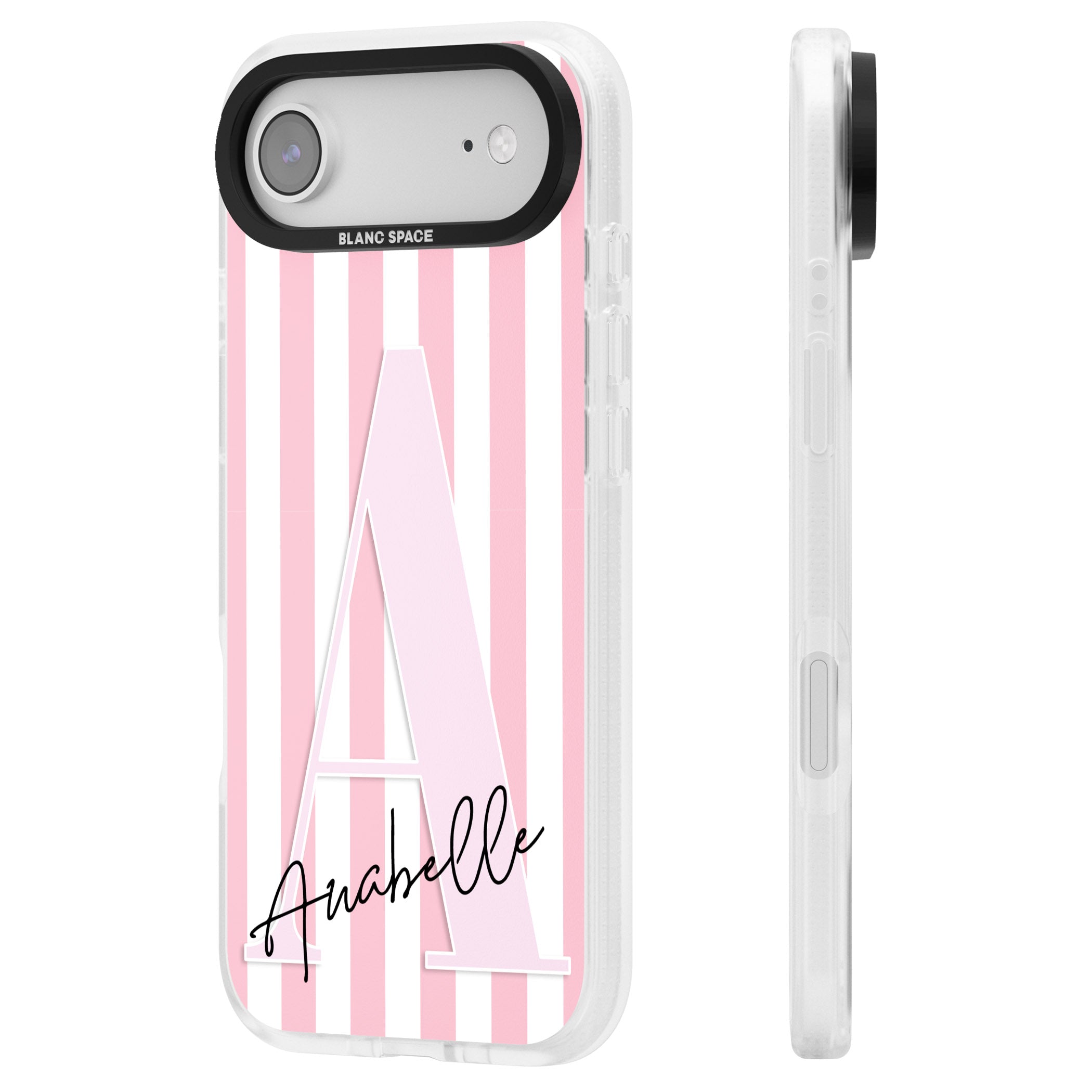 Personalised Pink Stripes & Monogram iPhone 17 Air Impact Air Clear Phone Case Side Profile