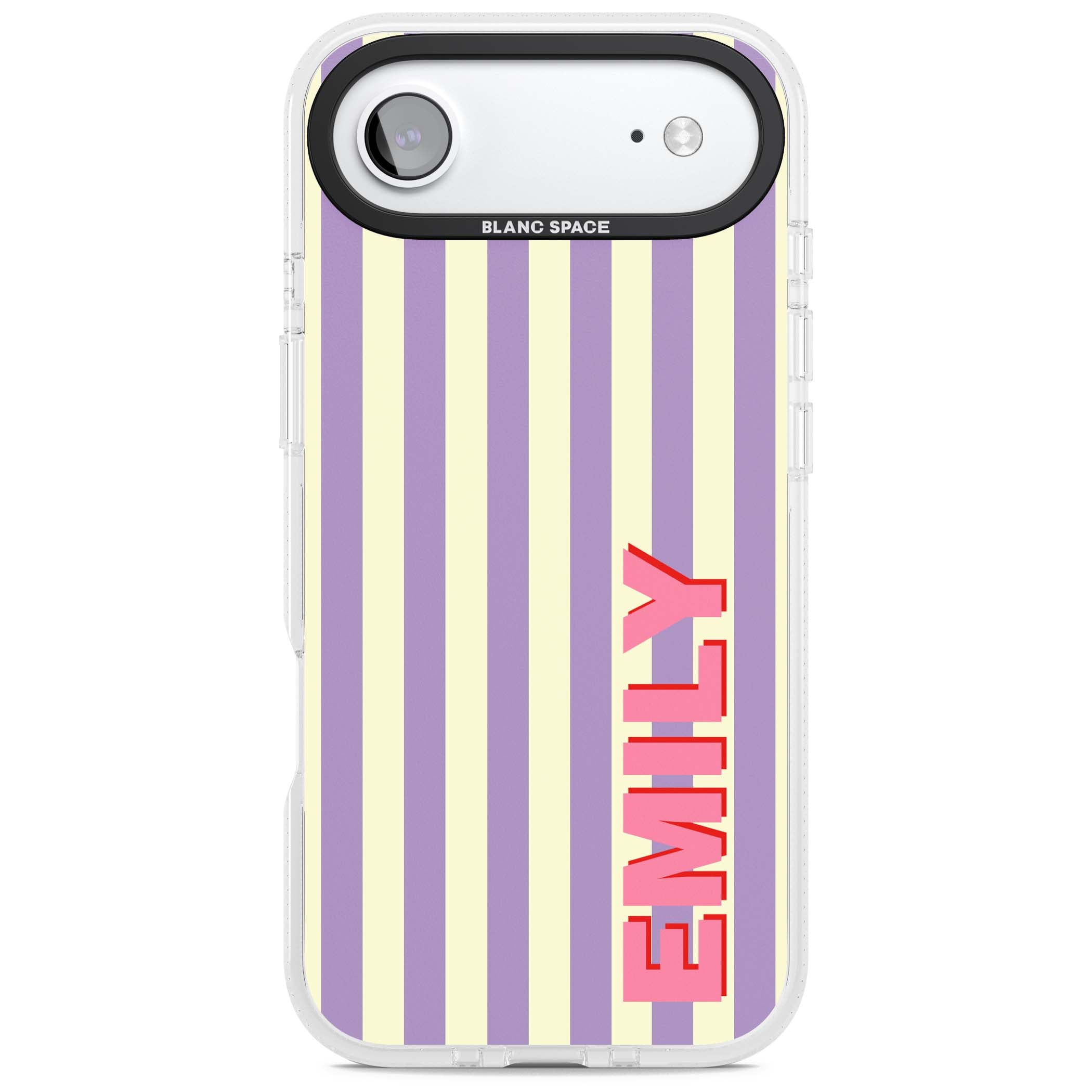 Valensole Stripe personalised iPhone case with purple and cream vertical stripes and pink custom name | Clear Case Impact Air case for iPhone Air