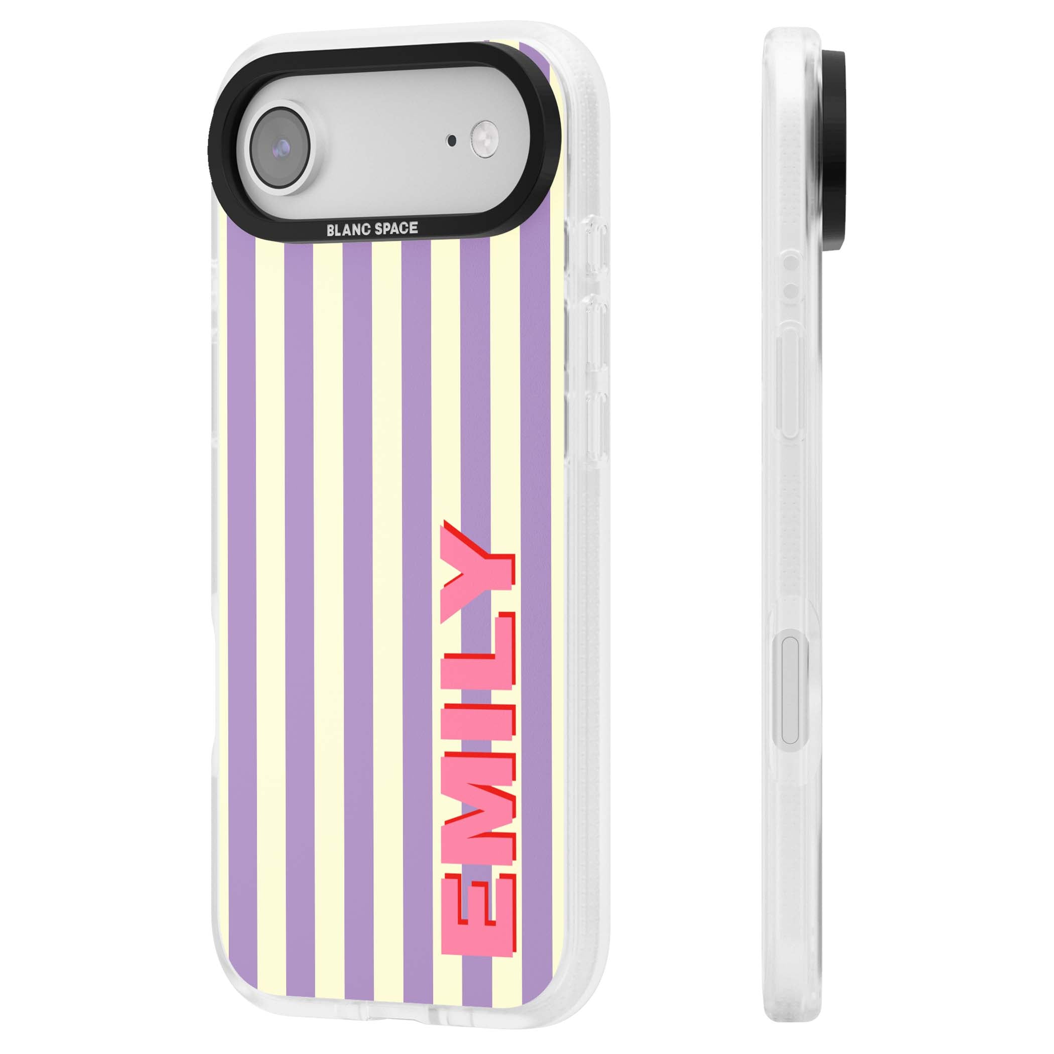 Valensole Stripe personalised iPhone case with purple and cream vertical stripes and pink custom name | Clear Case Impact Air case for iPhone Air