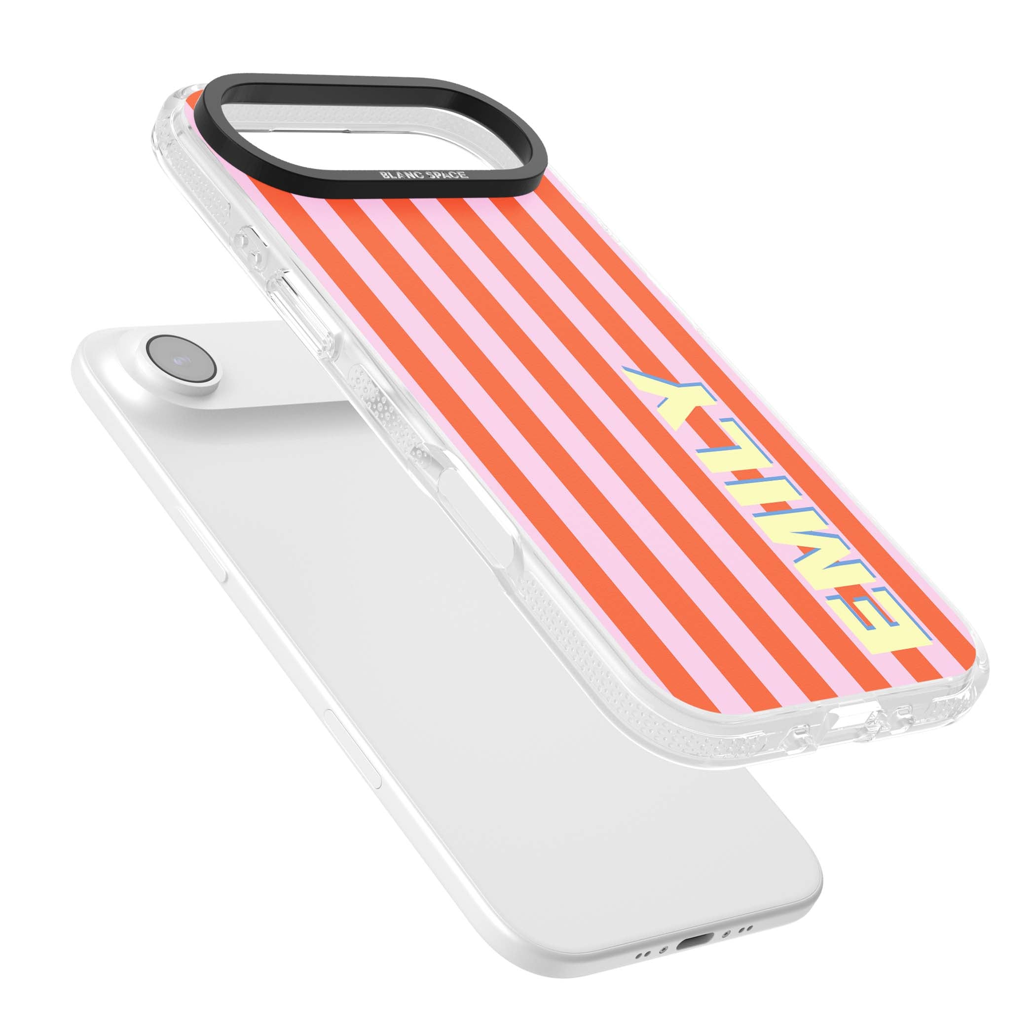 Havana Stripe personalised iPhone case featuring pink and orange vertical stripes with a custom yellow name | Clear Case Impact Air case for iPhone Air