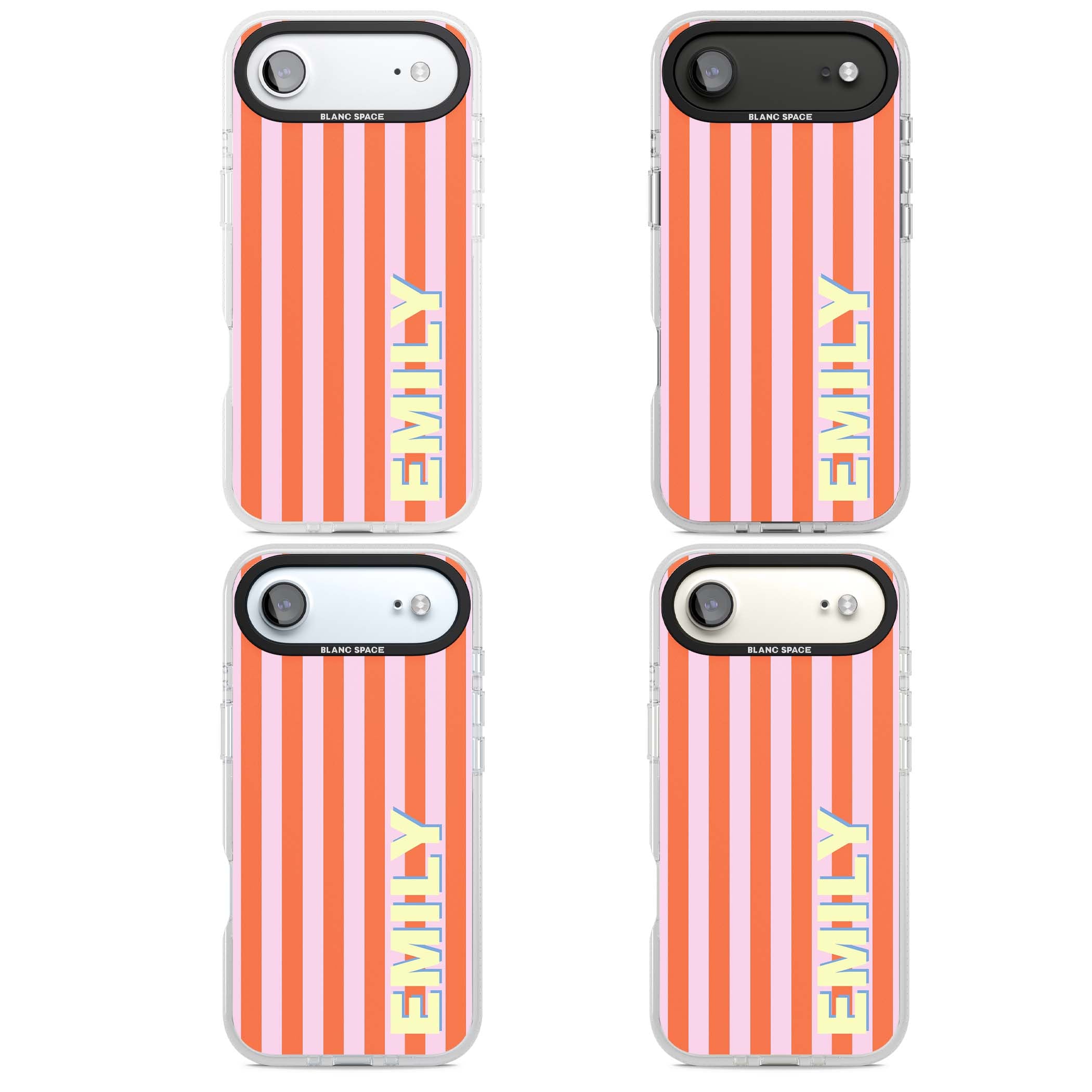 Havana Stripe personalised iPhone case featuring pink and orange vertical stripes with a custom yellow name | Clear Case Impact Air case for iPhone Air