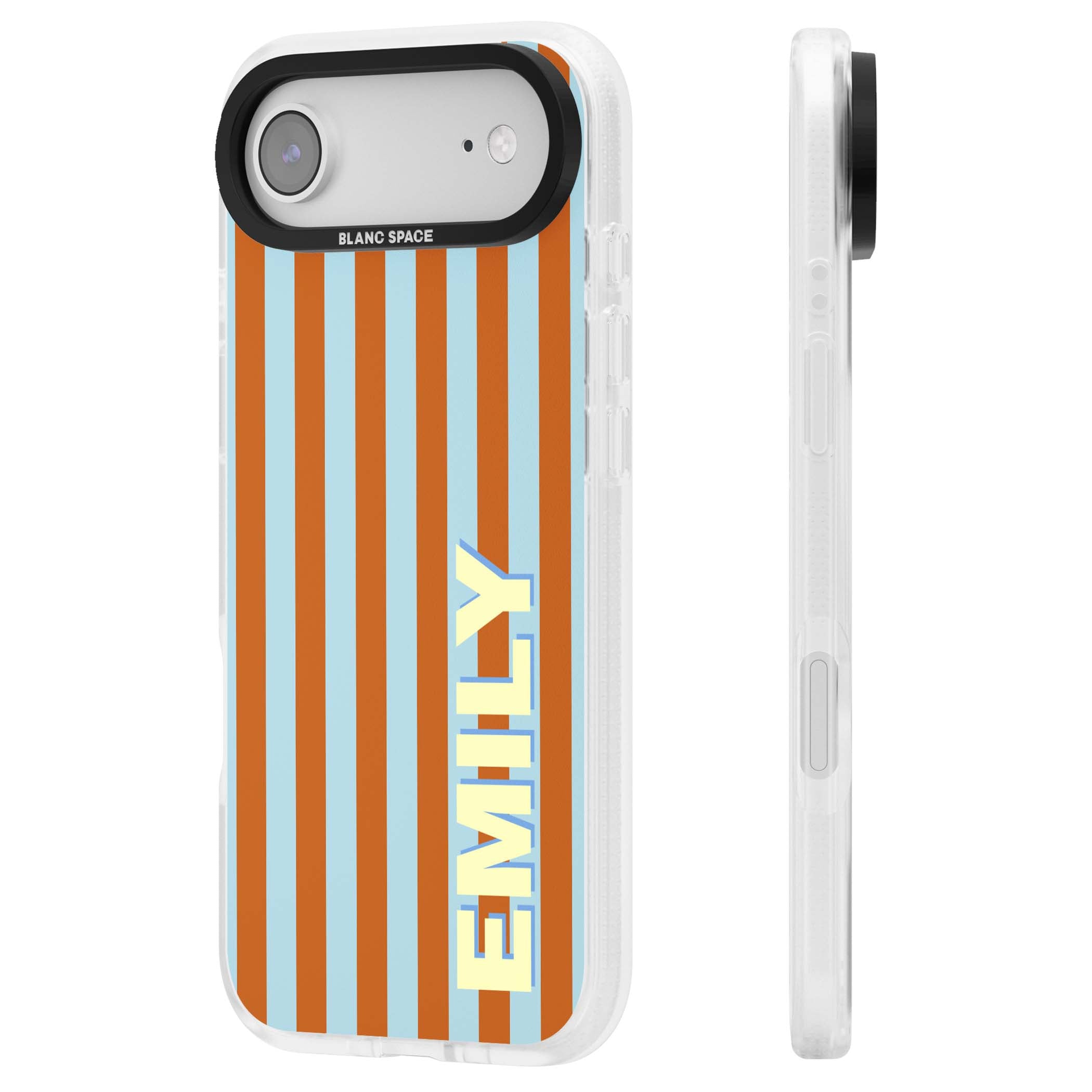 Cappadocia Stripe personalised coastal iPhone case featuring blue and orange vertical stripes with custom cream name | Clear Case Impact Air case for iPhone Air