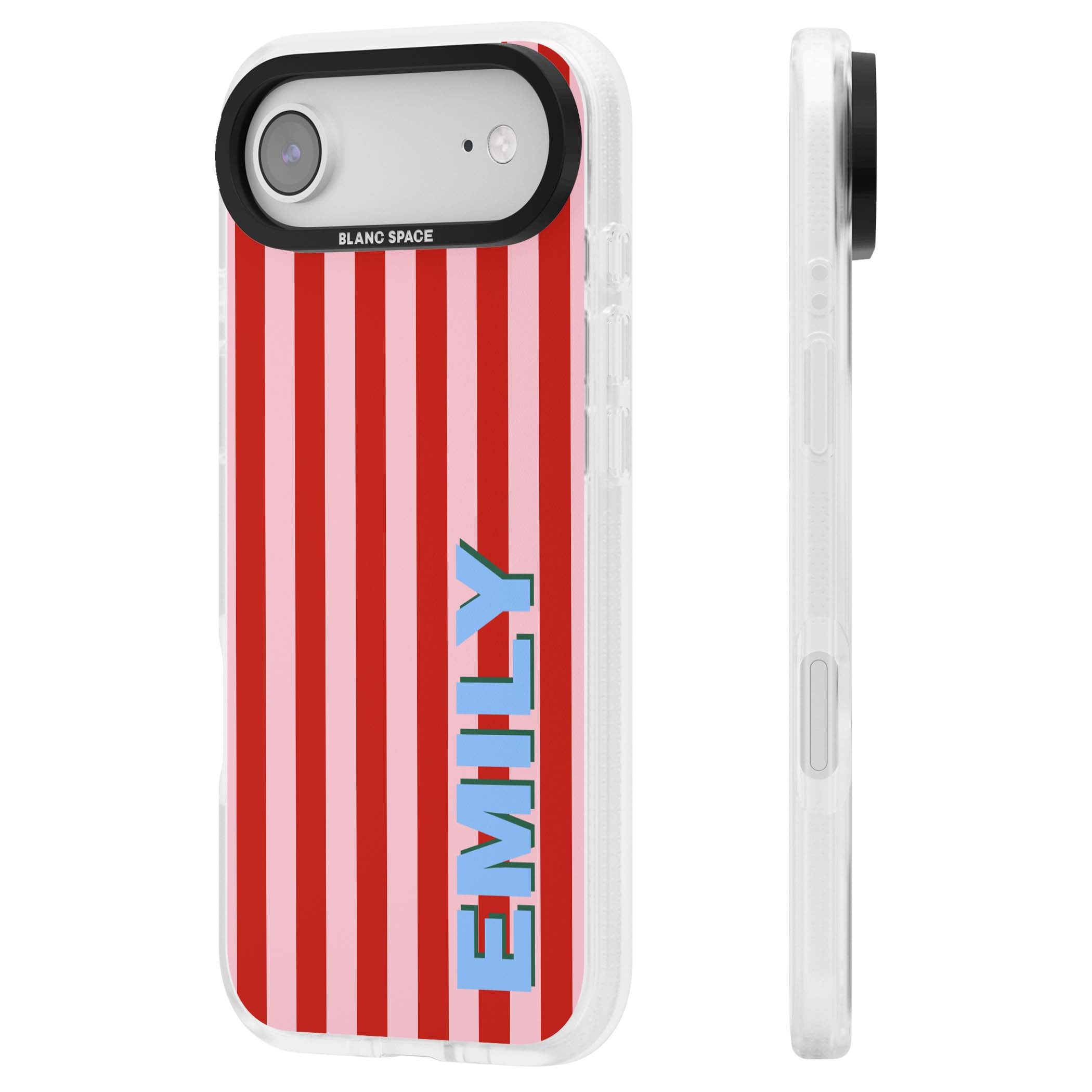 Market Stripe personalised iPhone case with red and pink vertical stripes and custom blue name | Clear Case Impact Air case for iPhone Air