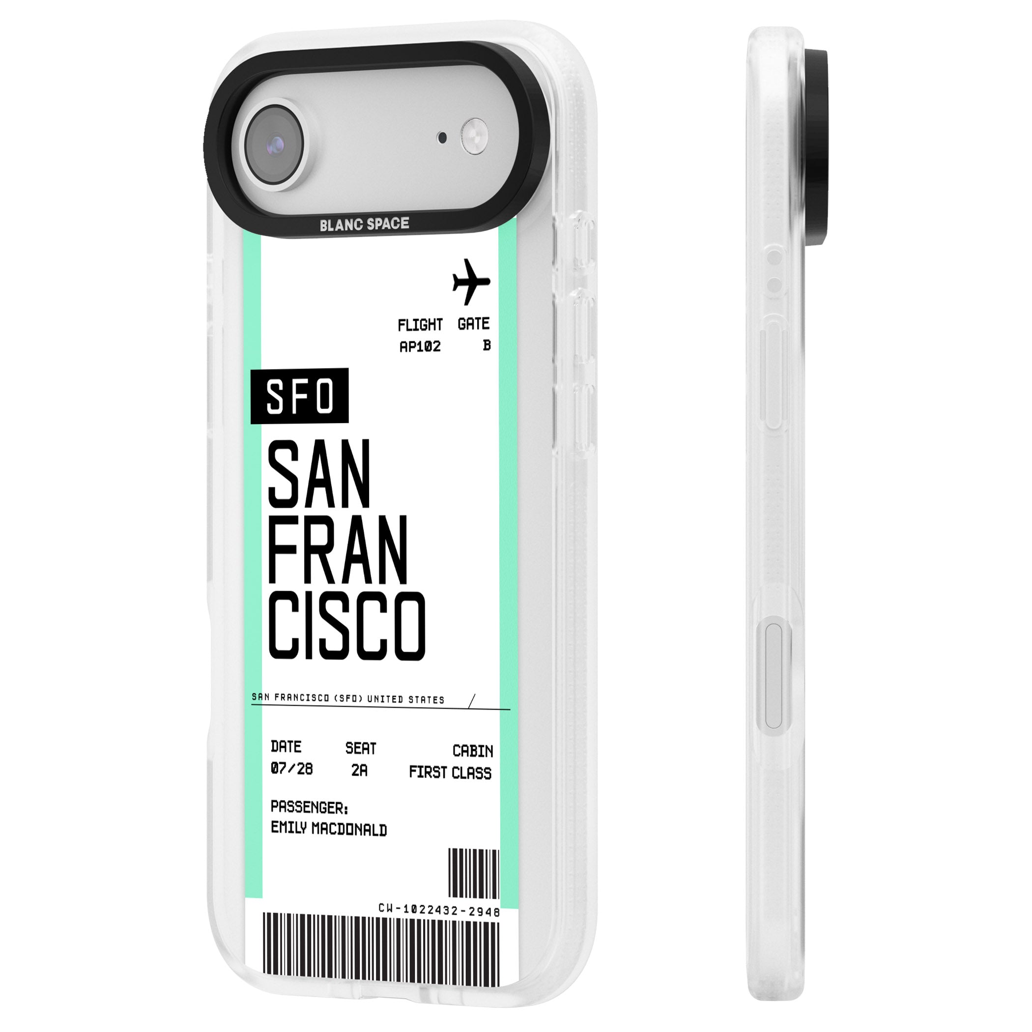 Personalised San Francisco Boarding Pass iPhone 17 Air Impact Air Clear Phone Case Side Profile