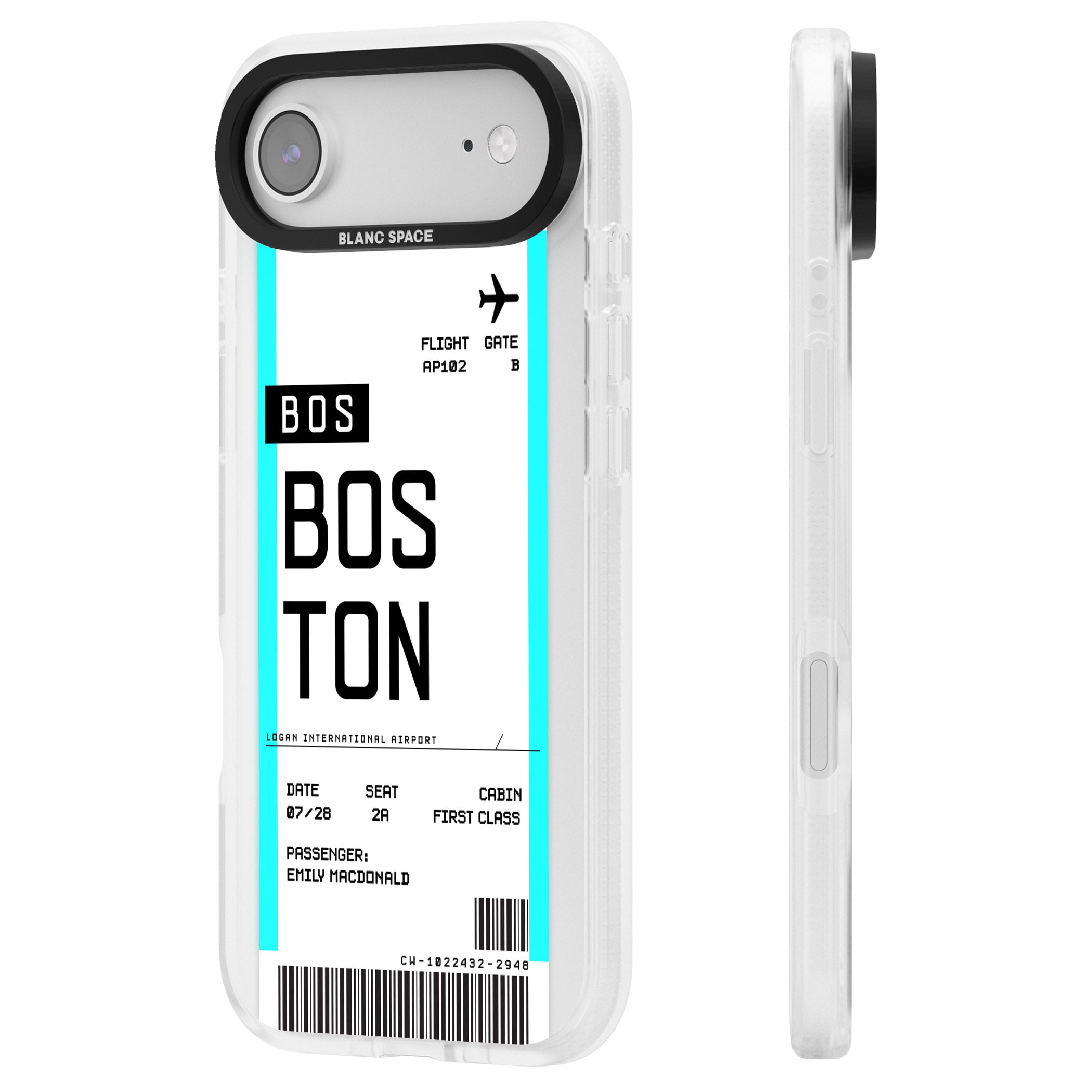 Personalised Boston Boarding Pass iPhone 17 Air Impact Air Clear Phone Case Side Profile