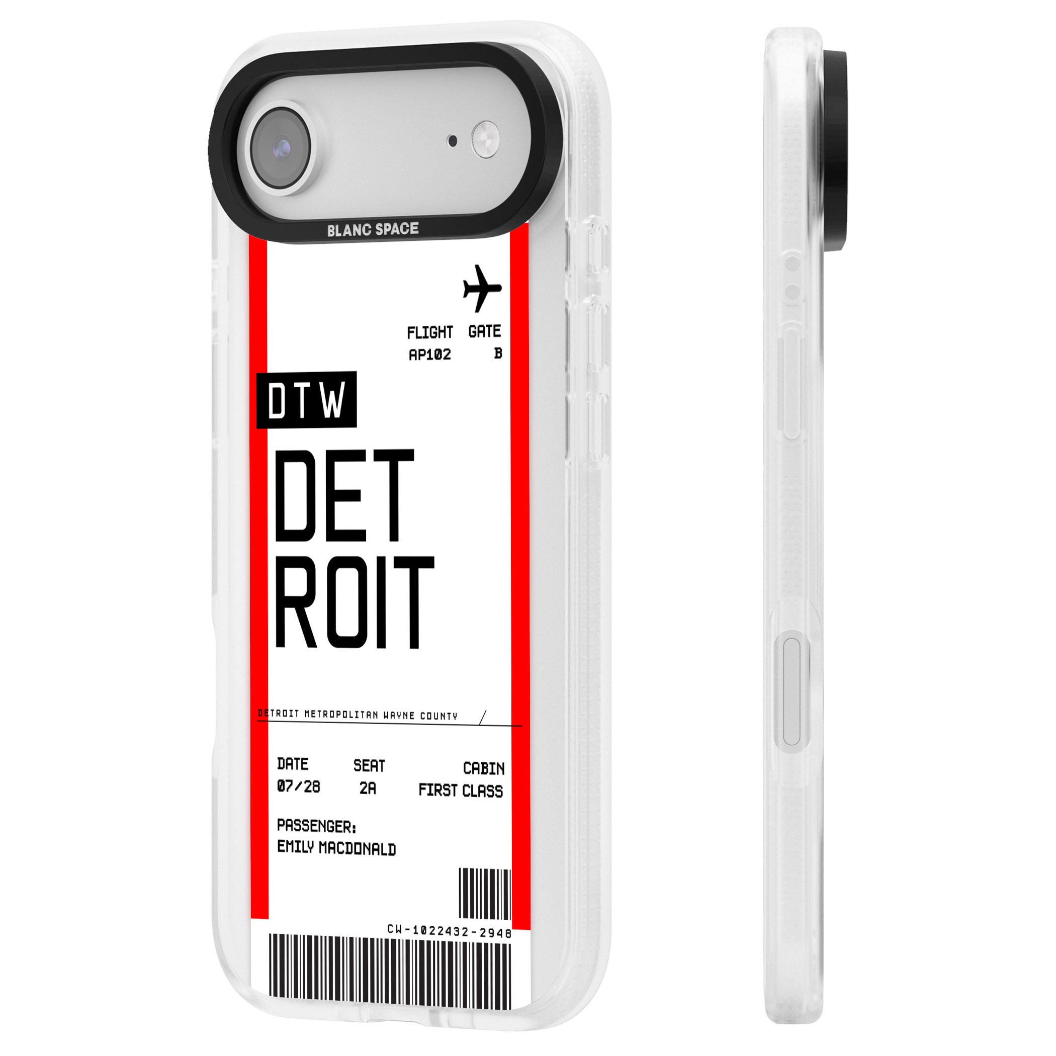 Personalised Detroit Boarding Pass iPhone 17 Air Impact Air Clear Phone Case Side Profile