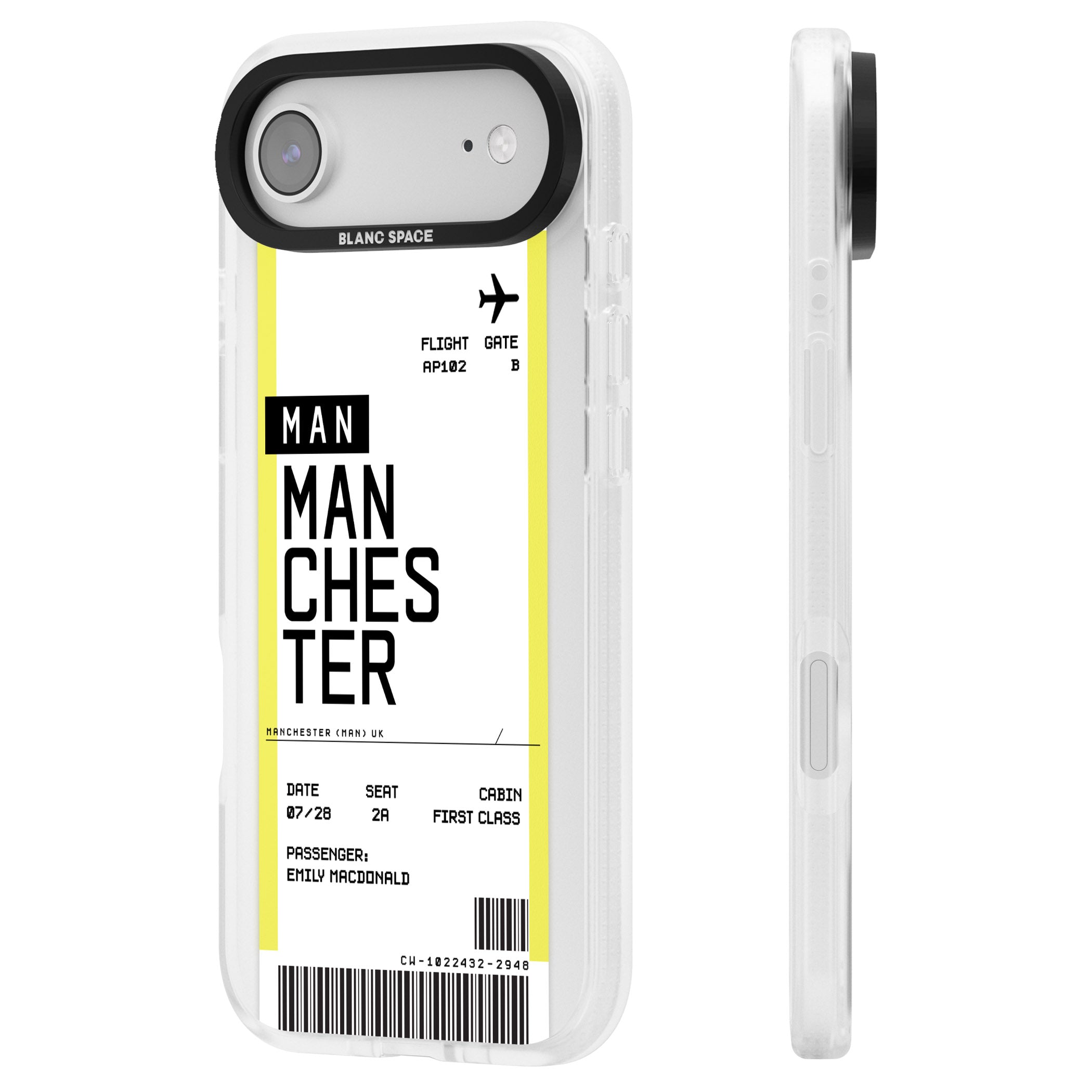 Personalised Manchester Boarding Pass iPhone 17 Air Impact Air Clear Phone Case Side Profile