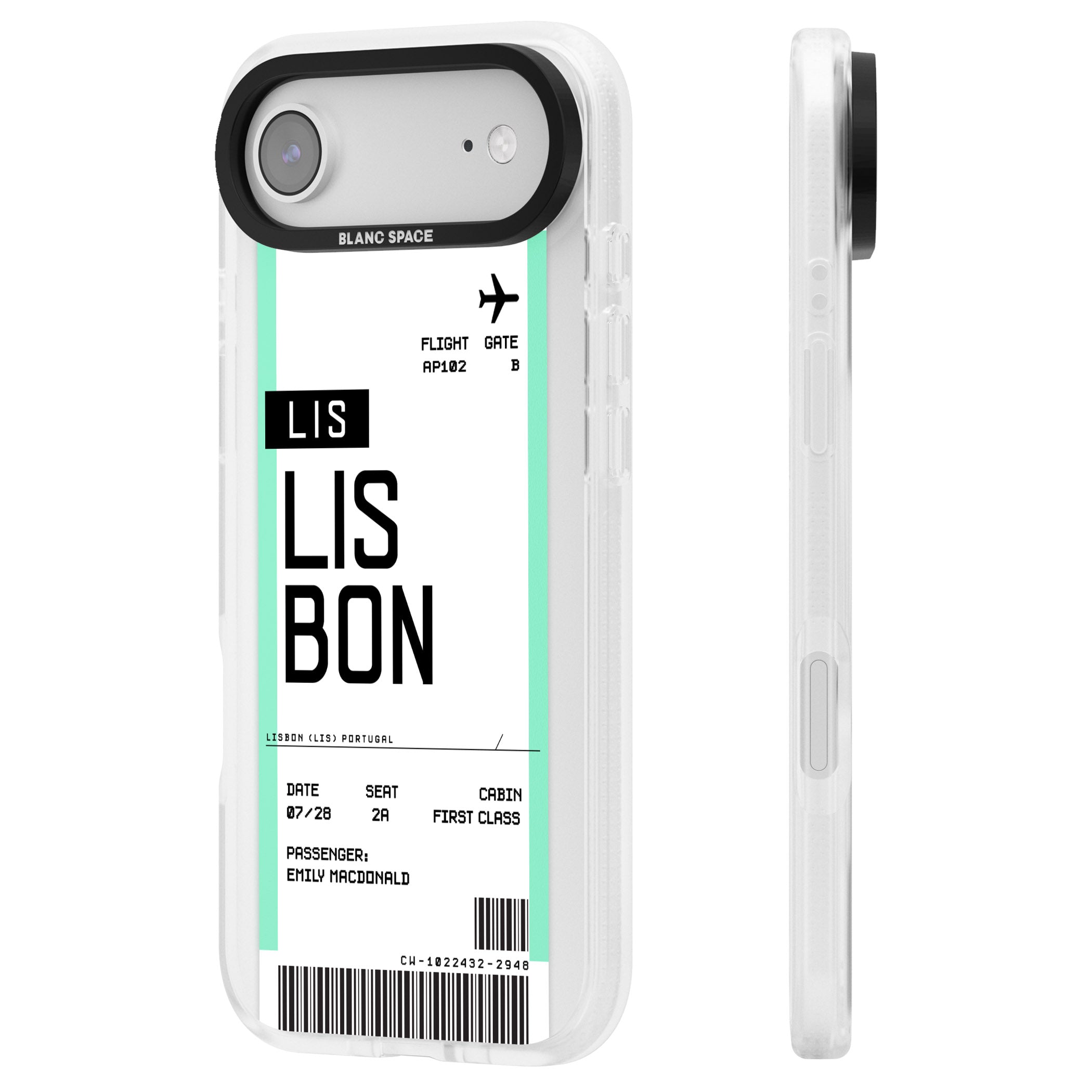 Personalised Lisbon Boarding Pass iPhone 17 Air Impact Air Clear Phone Case Side Profile